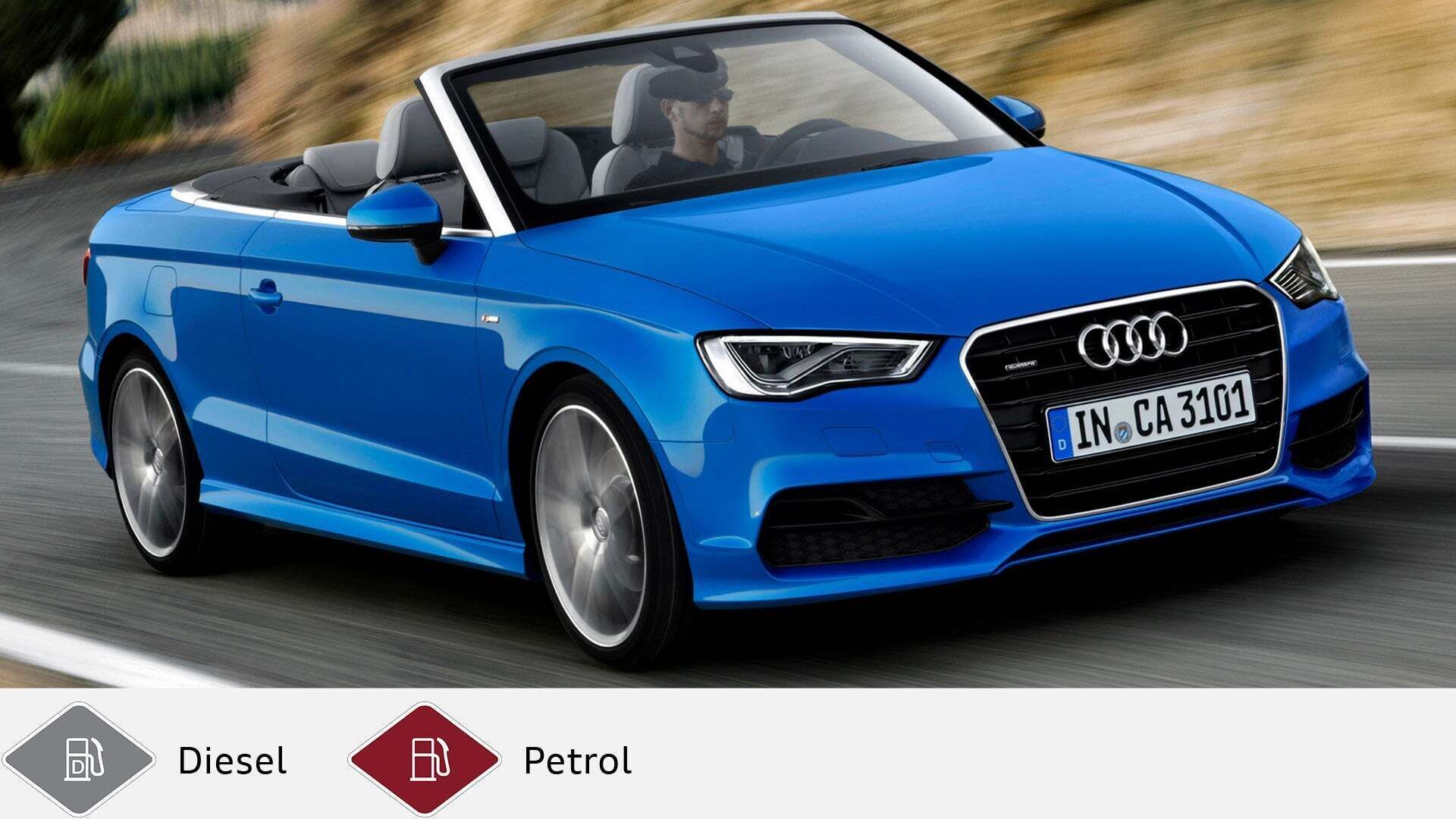 Blue Audi A3 Cabriolet with open top driving on a winding country road. Gray diesel symbol and red petrol symbol at the bottom.