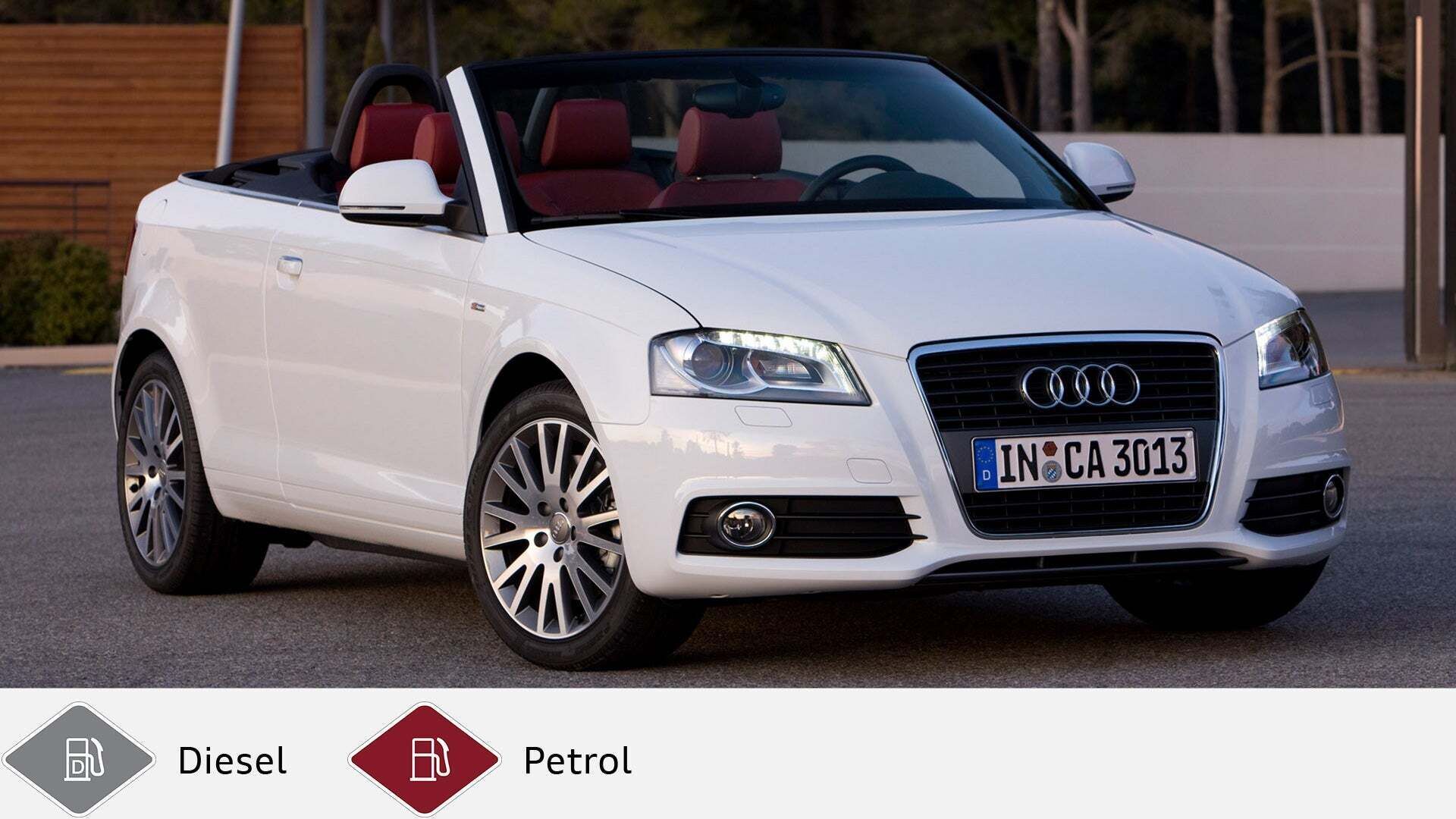 White Audi A3 Cabriolet with red seats standing open on asphalt, photographed diagonally from the front. Gray diesel symbol and red petrol symbol at the bottom.