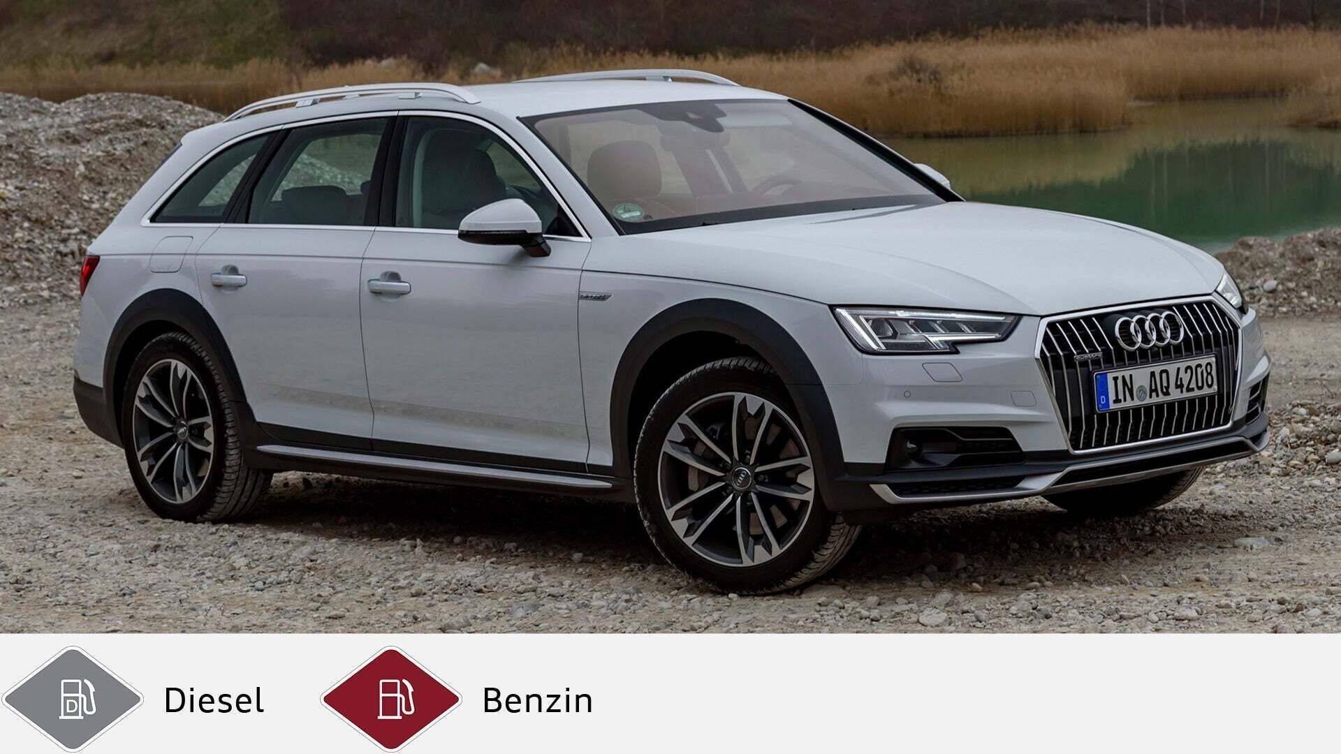 Weißer Audi A4 allroad quattro vor Kiesgrube, Blick von schräg vorne links. Unten graues Dieselsymbol und rotes Benzinsymbol.