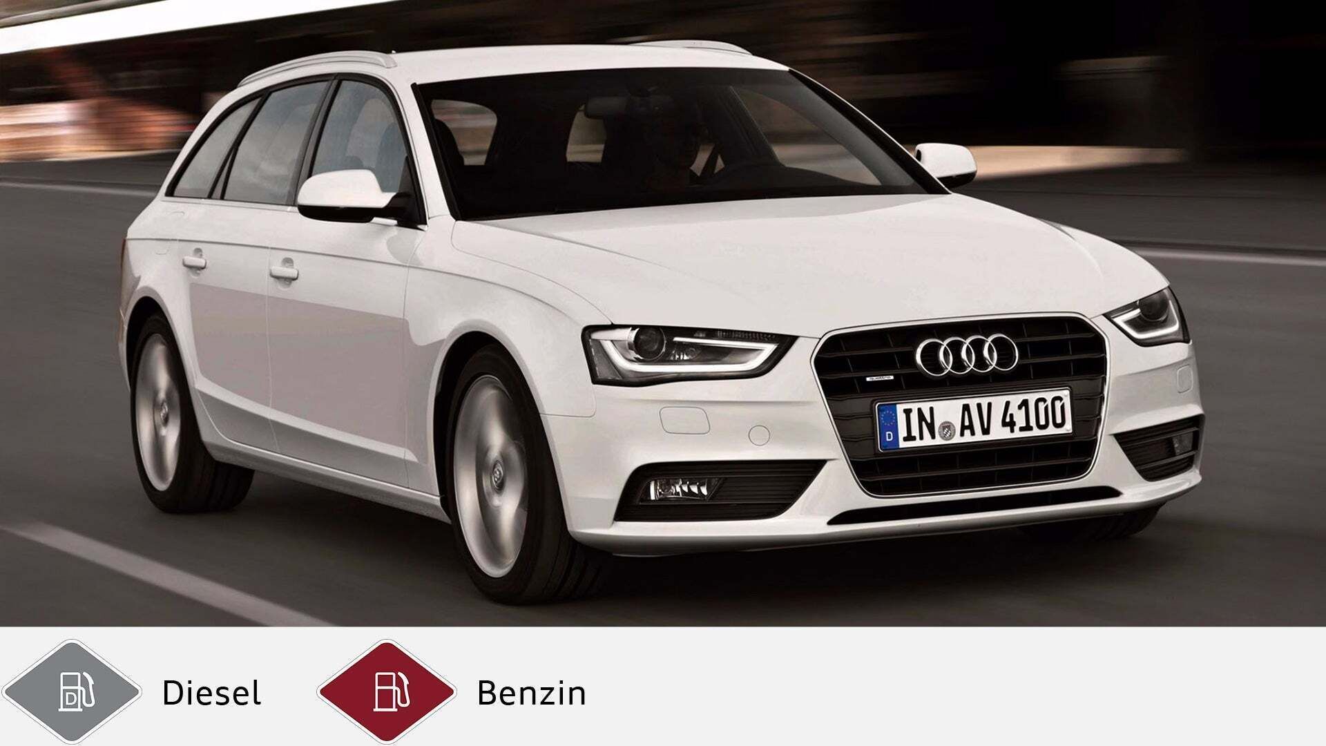 Weißer Audi A4 Avant in Bewegung, seitlich-frontale Straßenansicht. Unten graues Dieselsymbol und rotes Benzinsymbol.