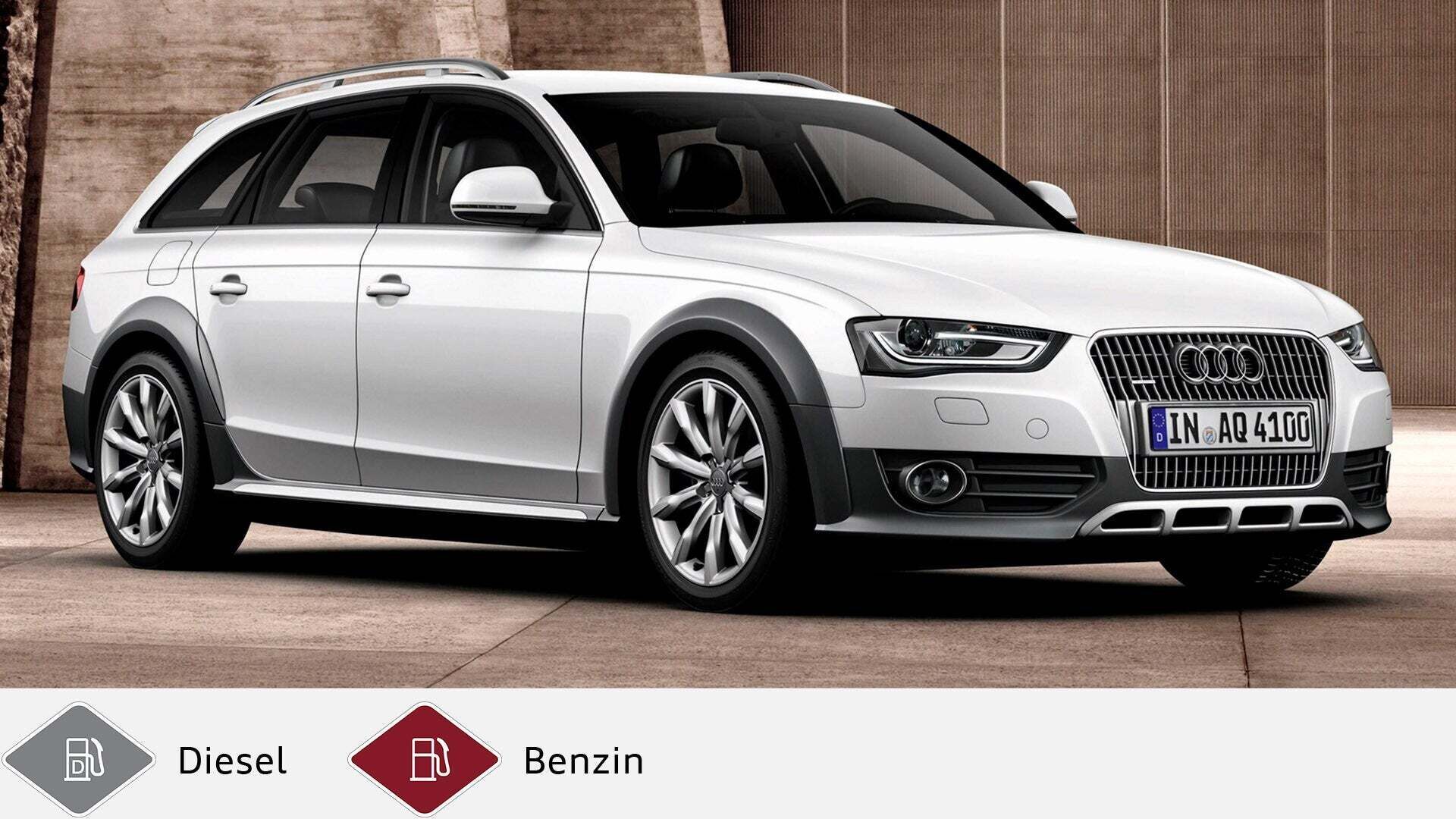 Weißer Audi A4 allroad quattro steht vor Betonwand, seitlich-frontale Ansicht. Unten graues Dieselsymbol und rotes Benzinsymbol.