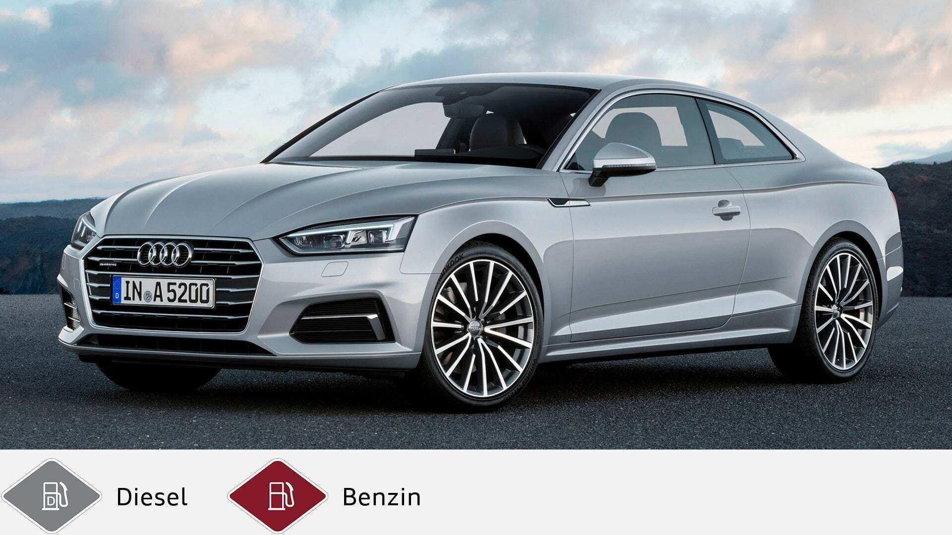 Silberner Audi A5 Coupé (ab 2016) mit LED-Scheinwerfern vor Gebirgslandschaft. Unten graues Dieselsymbol und rotes Benzinsymbol.