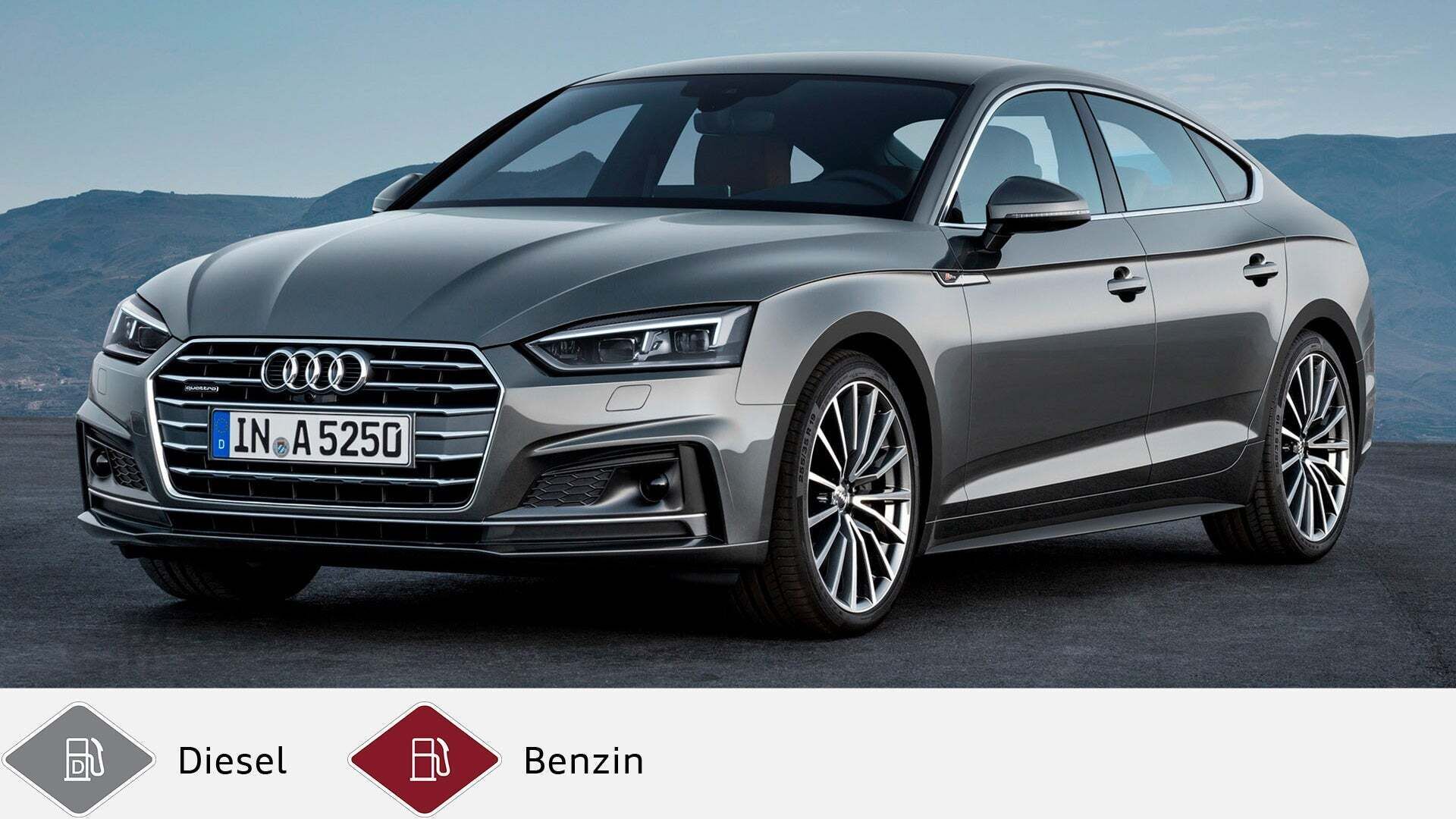 Grauer Audi A5 Sportback (ab 2016) mit markanter Front vor Bergkulisse. Unten graues Dieselsymbol und rotes Benzinsymbol.
