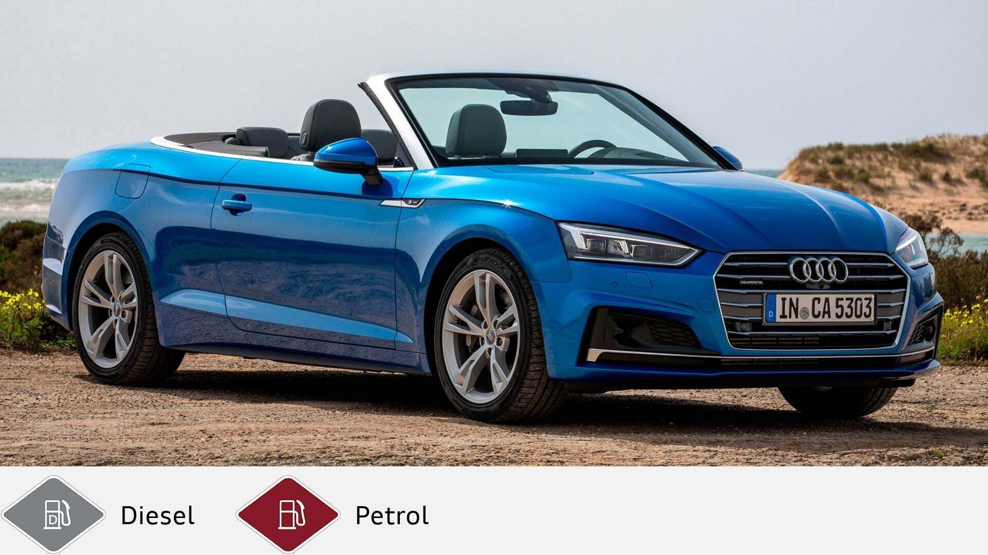 Blue Audi A5 Cabrio (from 2017) with open top on the coast. Gray diesel symbol and red petrol symbol at the bottom.