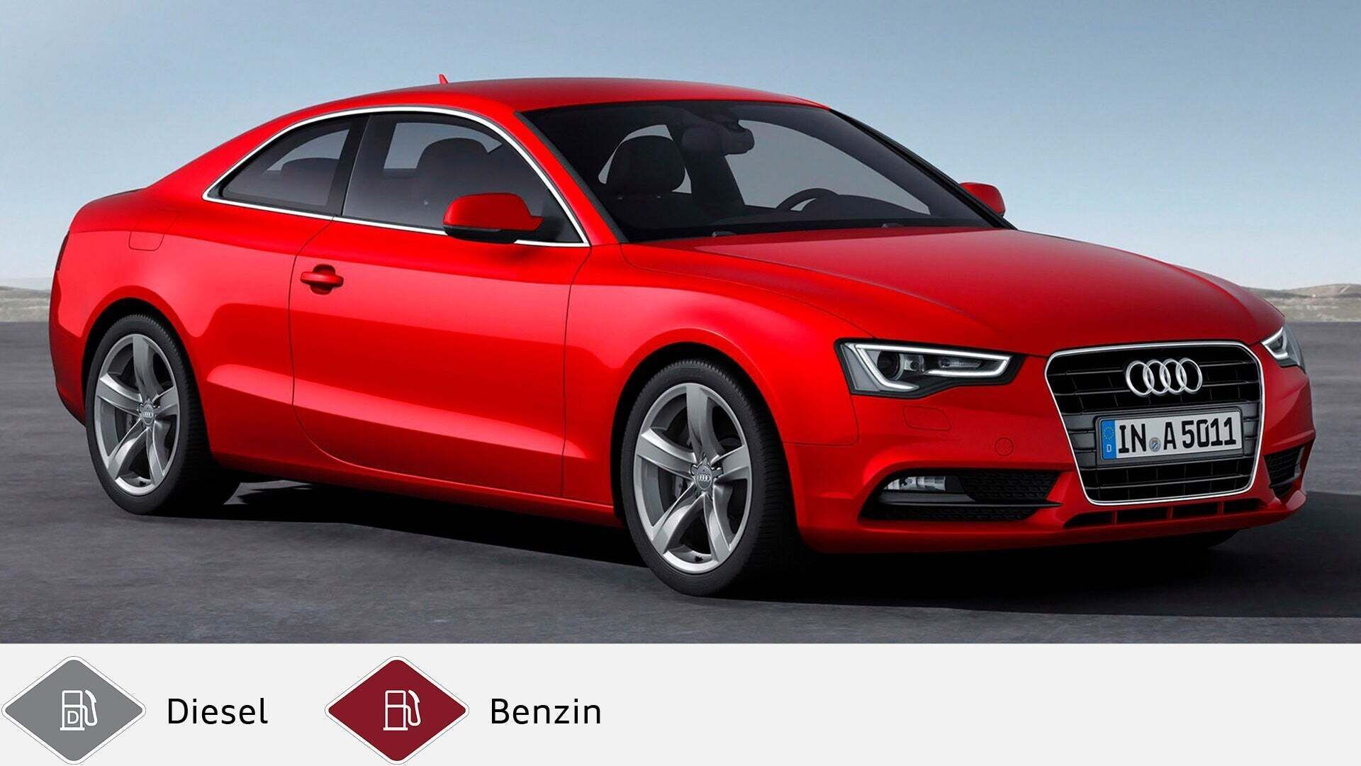 Roter Audi A5 Coupé (2011–2016) im Seitenprofil auf grauem Untergrund. Unten graues Dieselsymbol und rotes Benzinsymbol.