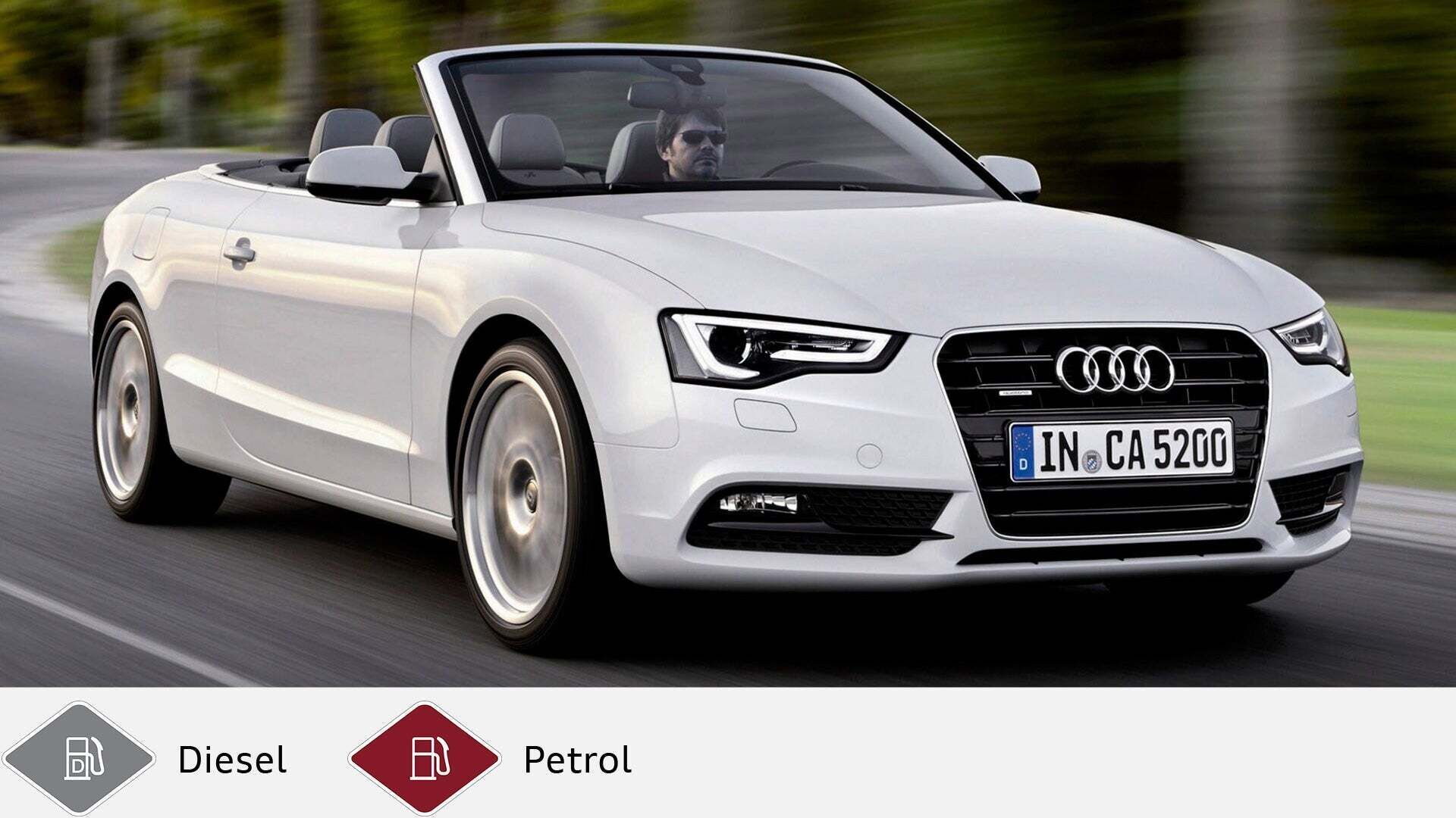 White Audi A5 Cabrio (2011-2017) with driver, in motion on road. Gray diesel symbol and red petrol symbol at the bottom.