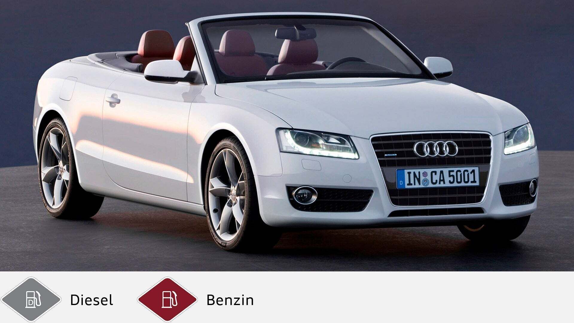 Weißes Audi A5 Cabrio (2009–2011) mit geöffnetem Verdeck und roten Ledersitzen. Unten graues Dieselsymbol und rotes Benzinsymbol.