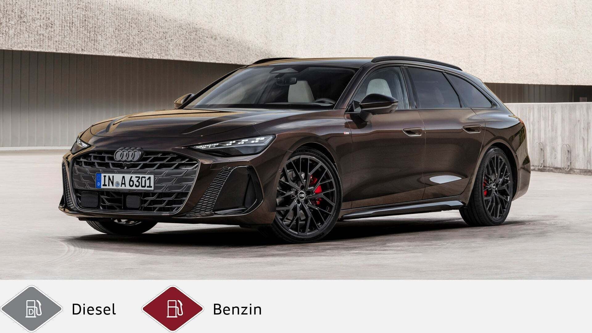 Brauner Audi A6 Avant mit sportlichem Design und roten Bremssätteln vor Betonwand. Unten graues Dieselsymbol und rotes Benzinsymbol.