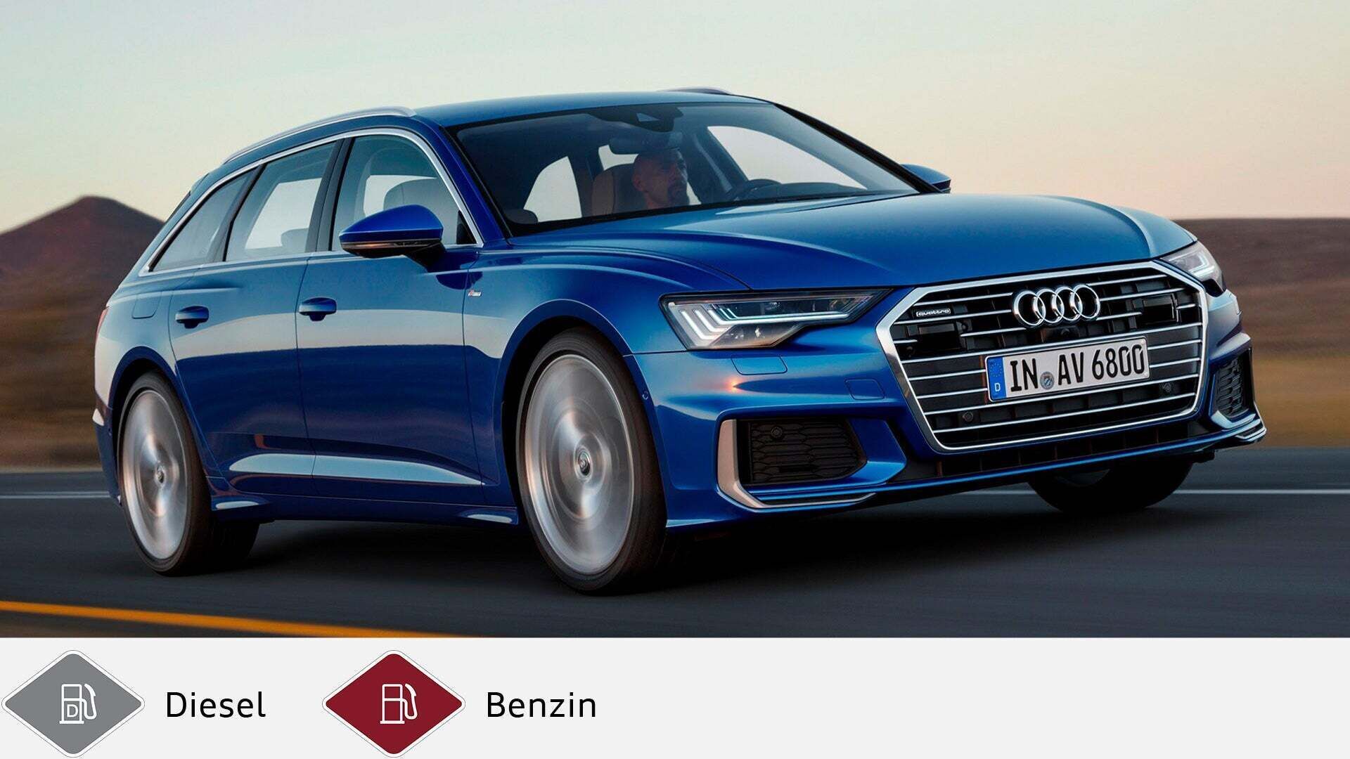 Blauer Audi A6 Avant (ab 2018) in Bewegung bei Sonnenuntergang auf offener Straße. Unten graues Dieselsymbol und rotes Benzinsymbol.