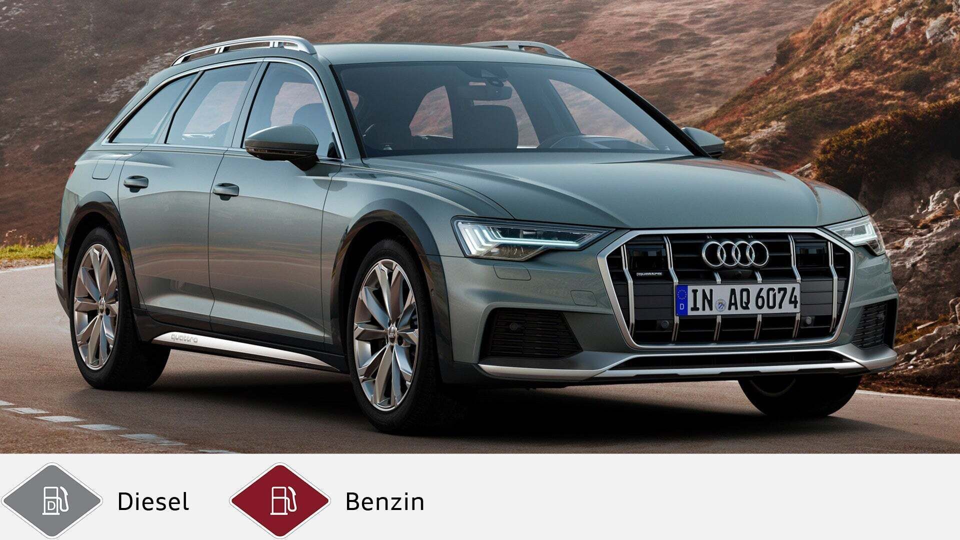 Grauer Audi A6 allroad quattro (ab 2019) auf Landstraße mit markantem LED-Tagfahrlicht. Unten graues Dieselsymbol und rotes Benzinsymbol.