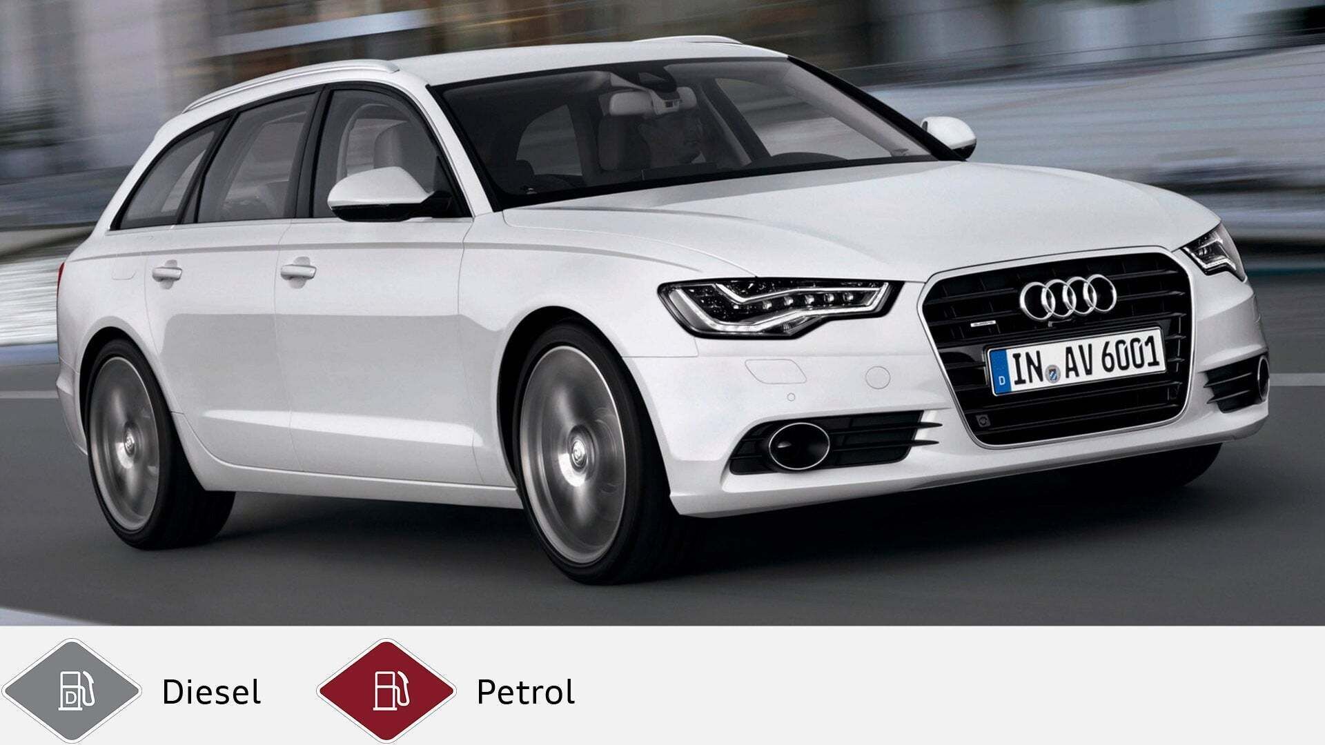 White Audi A6 Avant (2011-2018) in motion with LED headlights. Gray diesel symbol and red petrol symbol at the bottom.