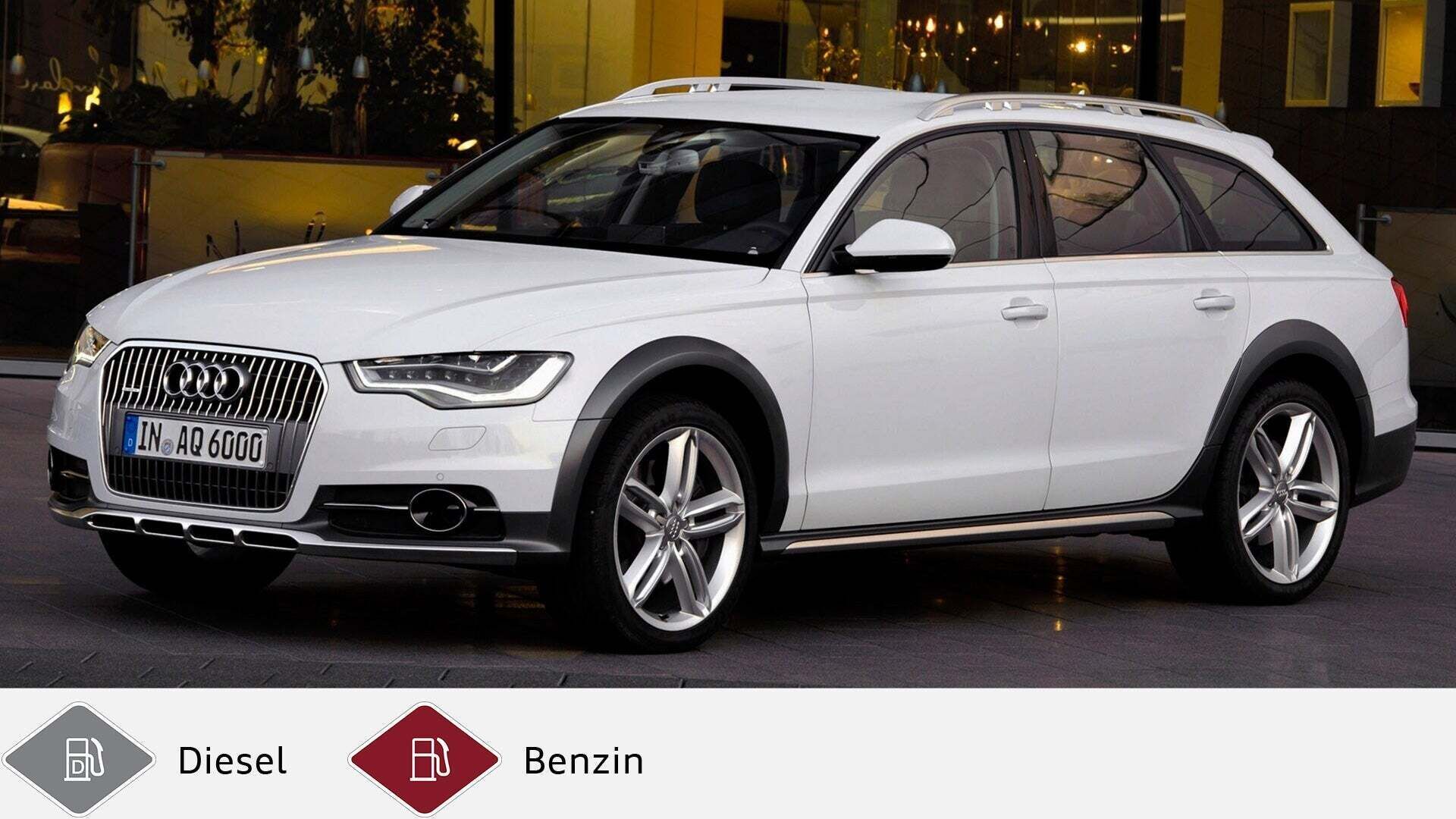 Weißer Audi A6 allroad quattro (2012–2018) vor beleuchtetem Gebäude mit SUV-Designmerkmalen. Unten graues Dieselsymbol und rotes Benzinsymbol.