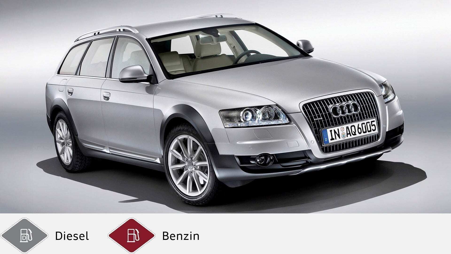 Silberner Audi A6 allroad quattro (2006–2012) in Studioaufnahme mit auffälligem Chromgrill. Unten graues Dieselsymbol und rotes Benzinsymbol.