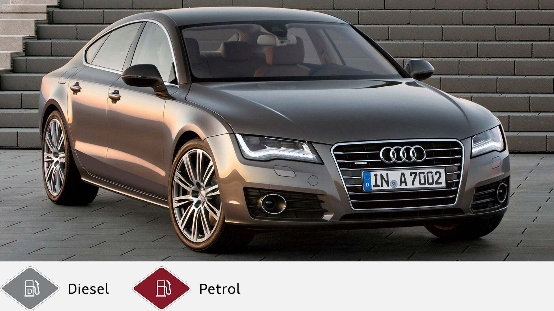 Brown Audi A7 Sportback stands in front of a gray staircase in the sunlight. Below gray diesel symbol and red gasoline symbol.