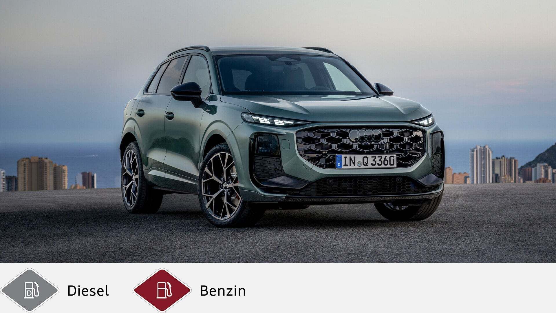 Grüner Audi Q3 steht vor Stadtsilhouette mit Meerblick, Symbole für Diesel und Benzin unten.