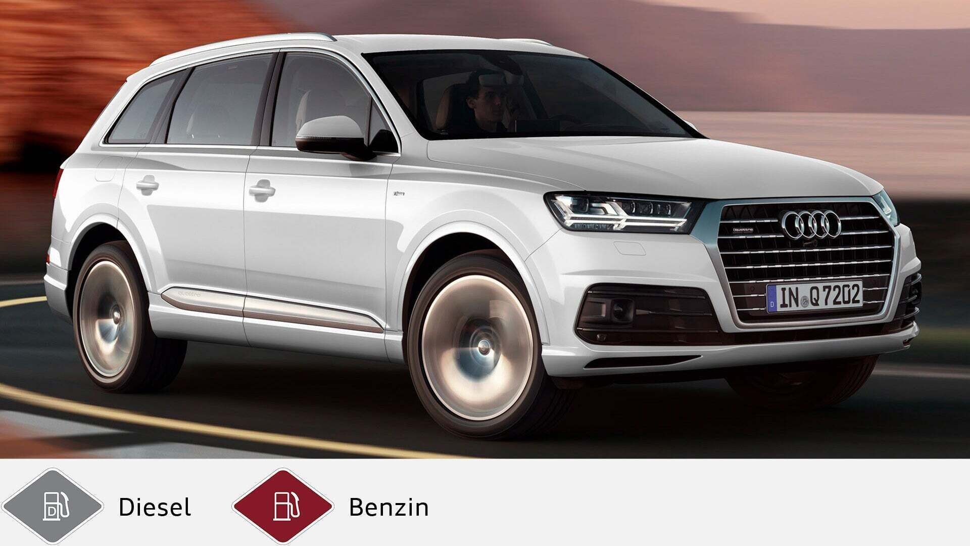 Weißer Audi Q7 SUV fährt auf Straße bei Sonnenuntergang, leicht dynamische Seitenansicht. Unten graues Dieselsymbol und rotes Benzinsymbol.