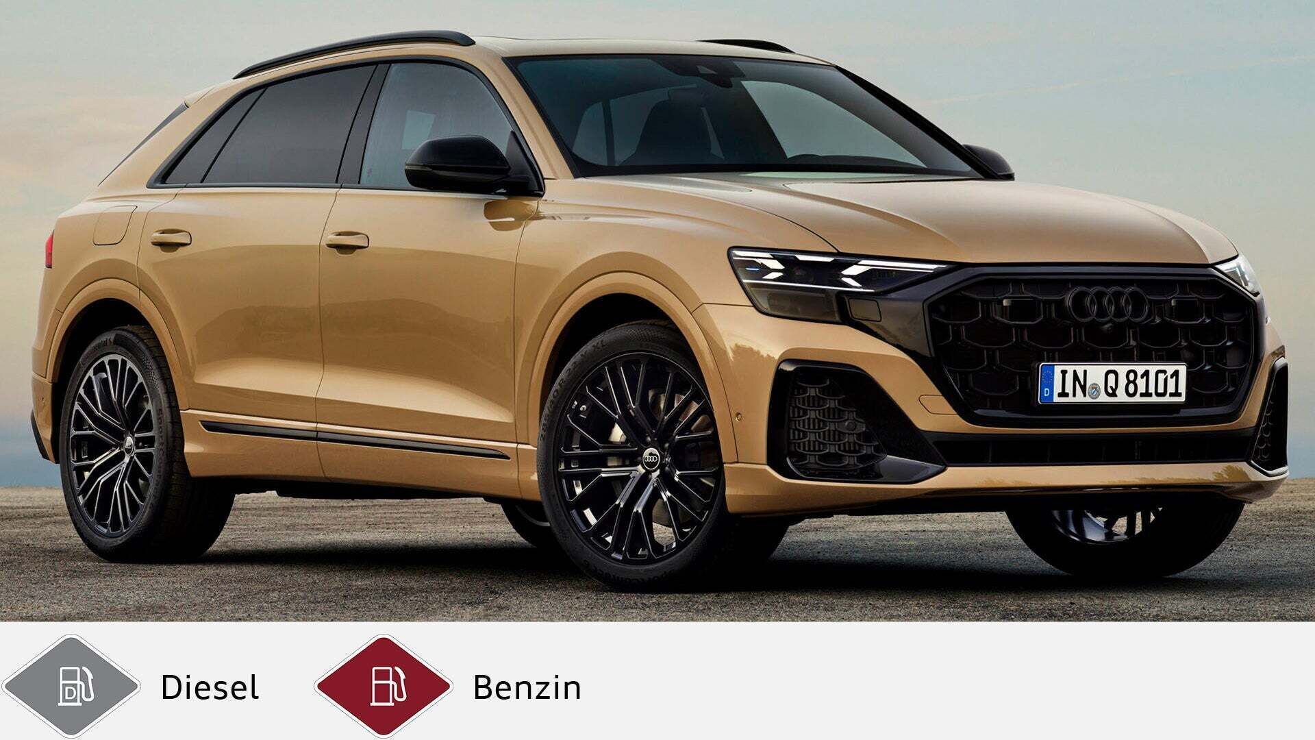Beiger Audi Q8 SUV in Seitenansicht vor bewölktem Himmel, geparkt auf Asphalt mit schwarzem Kühlergrill und schwarzen Felgen. Unten graues Dieselsymbol und rotes Benzinsymbol.