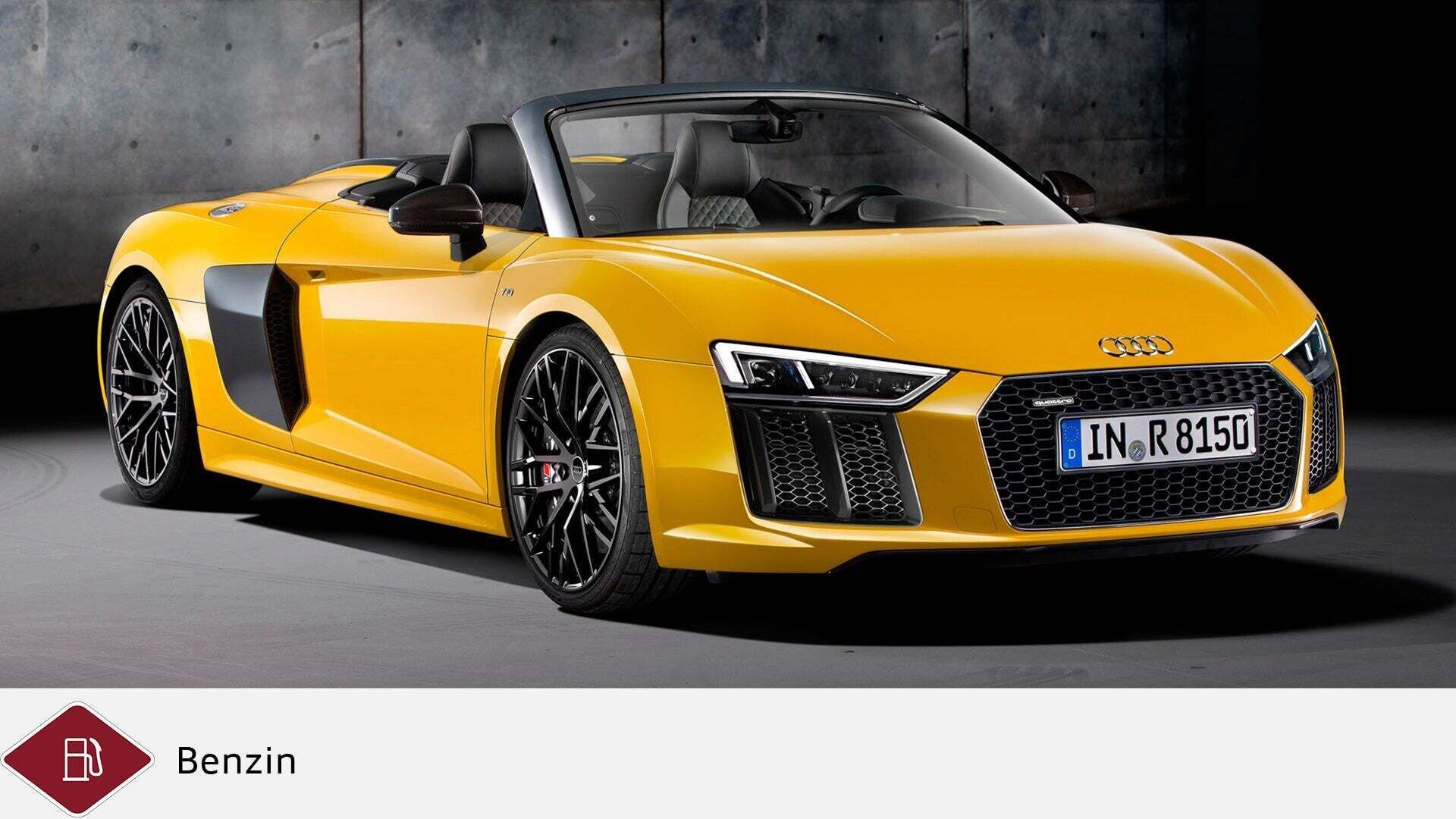R8 Spyder in Gelb in Studioaufnahme, Verdeck geöffnet. Unten graues Dieselsymbol und rotes Benzinsymbol.