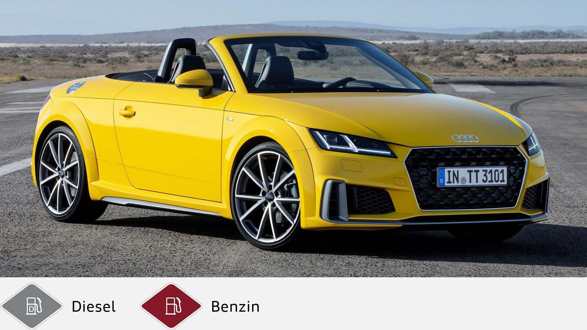 Gelber Audi TT Roadster mit offenem Verdeck auf Asphaltfläche. Unten graues Dieselsymbol und rotes Benzinsymbol.