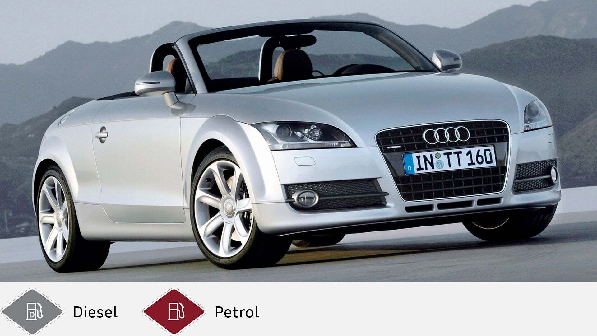 Silver Audi TT Roadster with open top against a mountain backdrop. Below gray diesel symbol and red gasoline symbol.