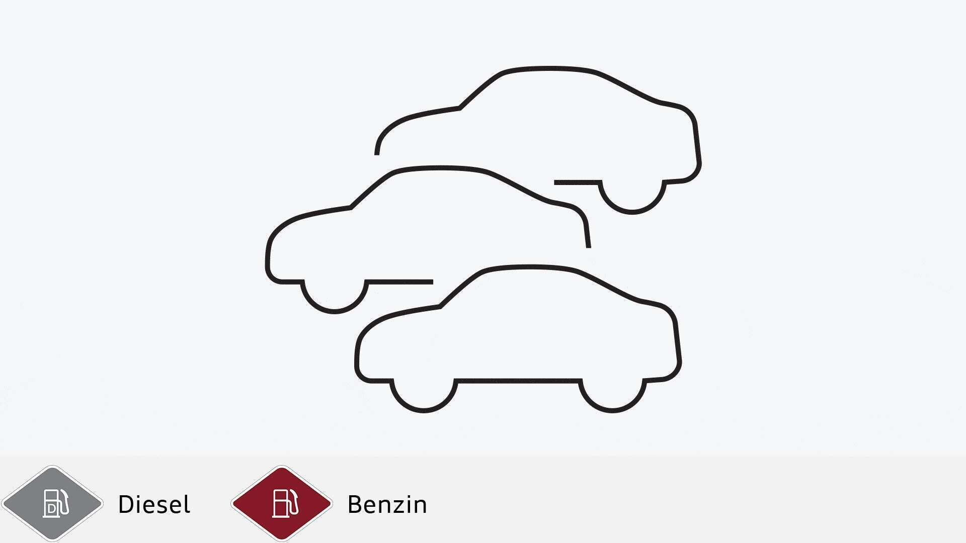 Drei stilisierte Fahrzeugumrisse als schwarze Liniengrafik auf hellgrauem Hintergrund. Unten graues Dieselsymbol und rotes Benzinsymbol.