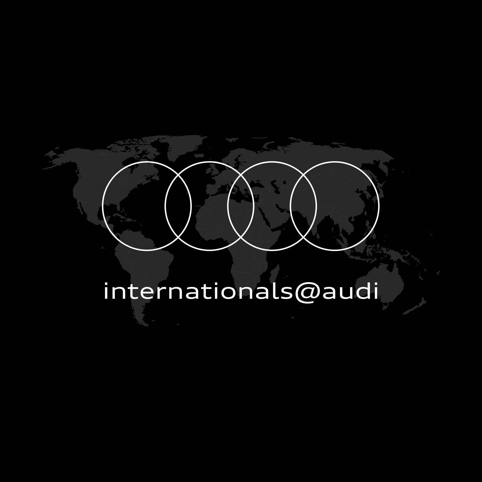 A world map with the Audi logo and the words “internationals@audi”