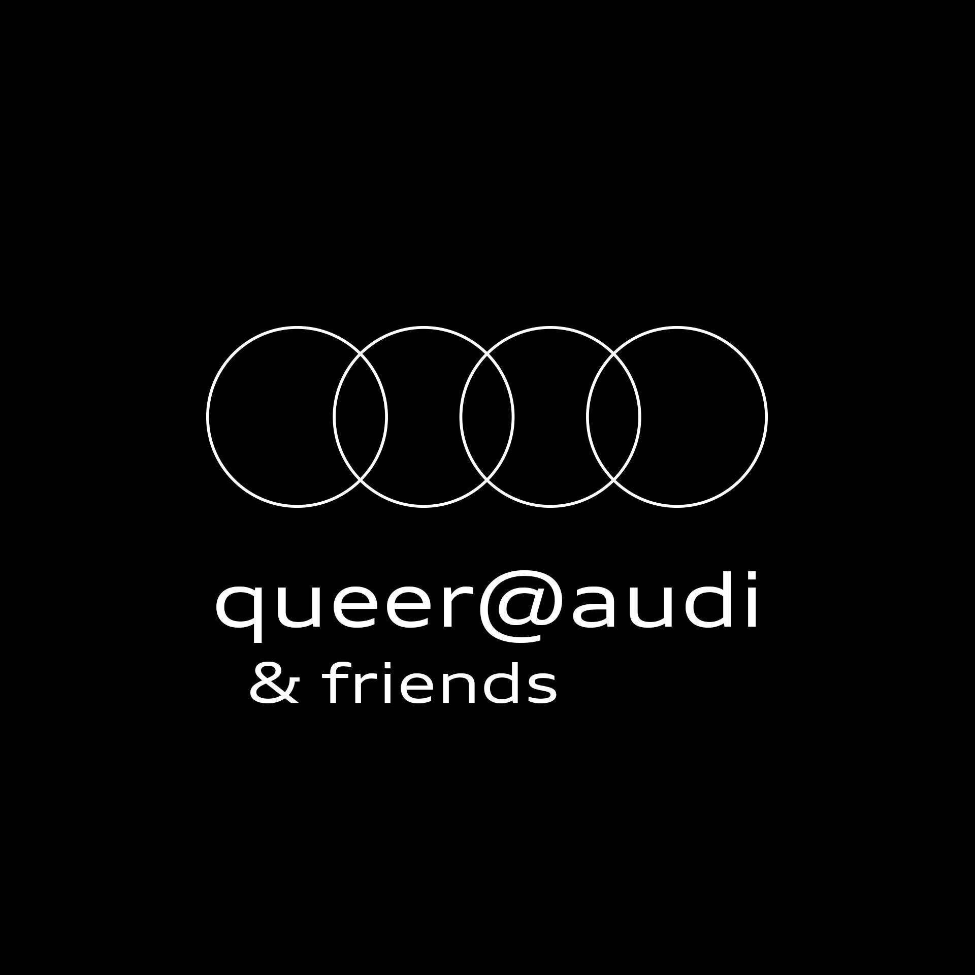 Audi logo with black lettering underneath reading queer@audi and friends