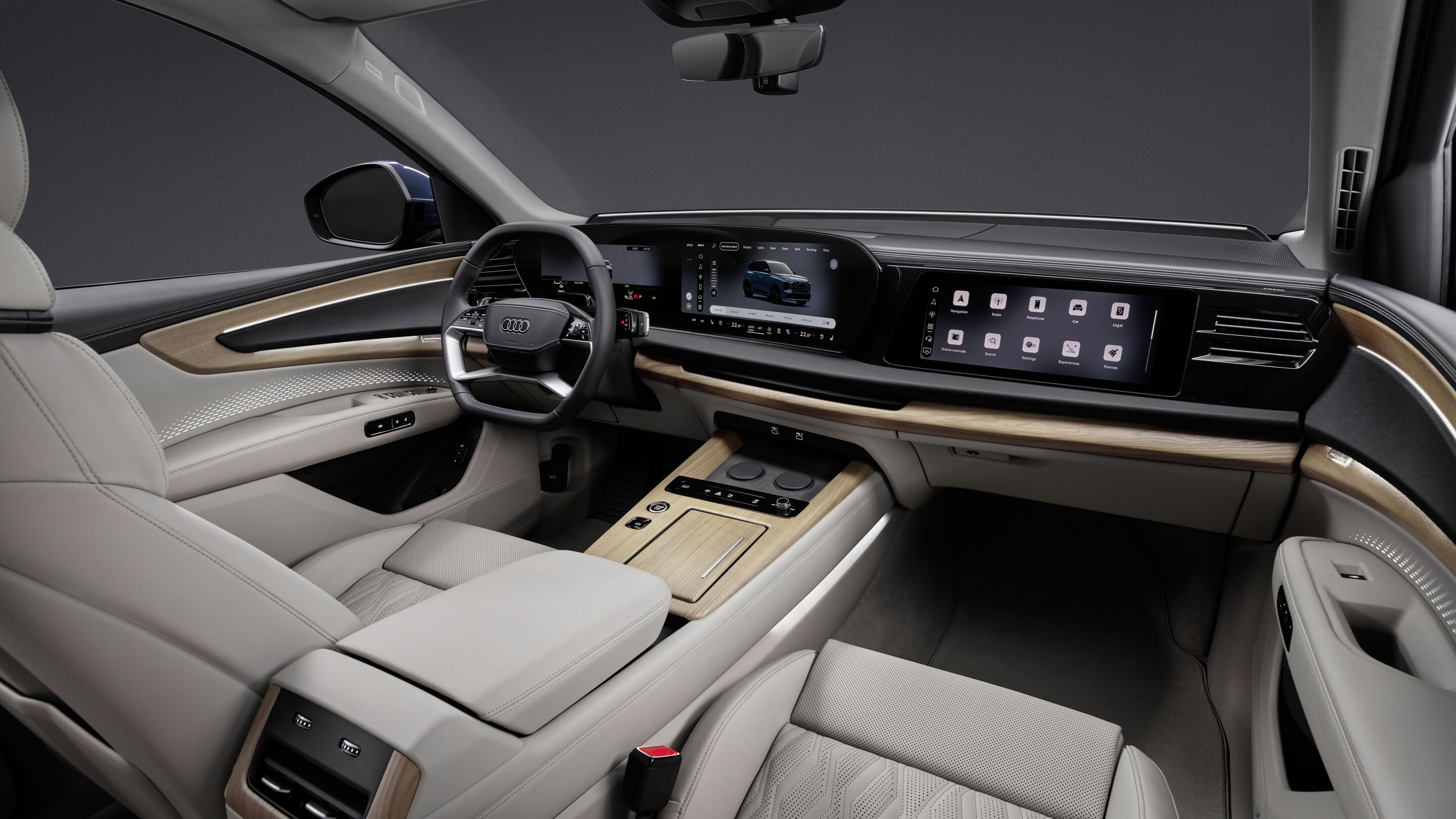 Audi Q7 SUV - Alopiasblau Metallic, Studioaufnahme, Interieur, Lenkrad und MMI