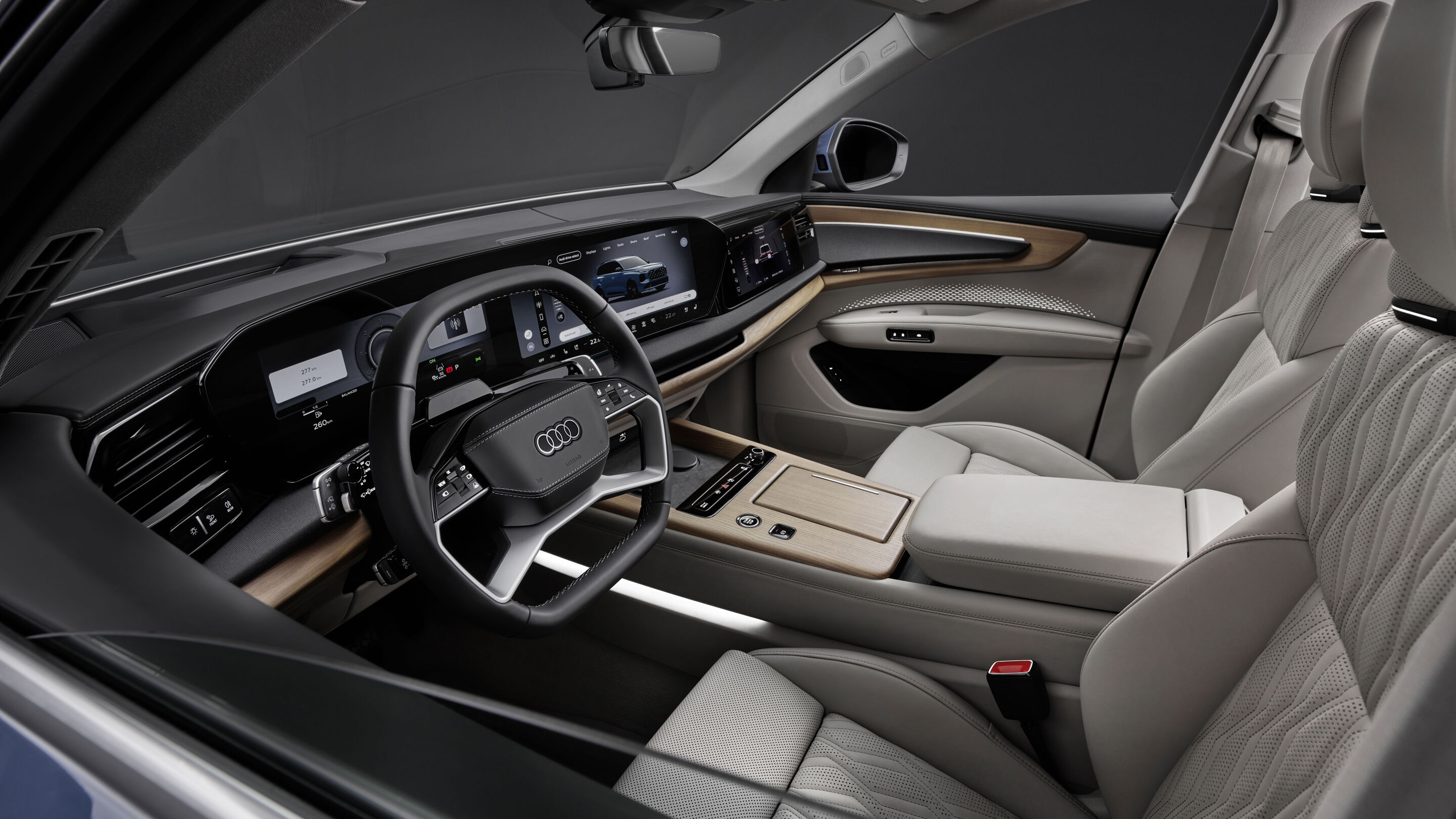 Audi Q7 SUV - Alopiasblau Metallic, Studioaufnahme, Interieur, Vordersitze und Lenkrad