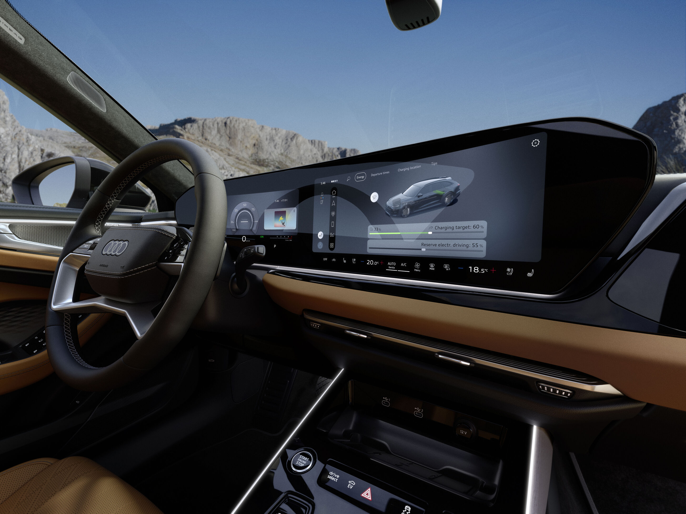 Audi A6 allroad e-hybrid quattro - Interieuraufnahme: Audi A6 allroad e-hybrid mit digitalem Cockpit und großem Curved Display – vernetzte Funktionen und Lademanagement im Fokus.