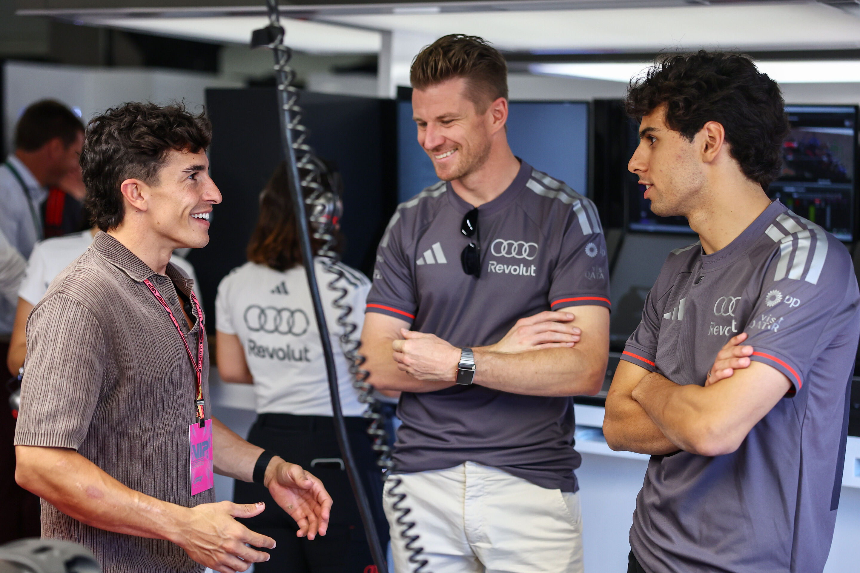 Audi Revolut F1 Team: Barcelona Grand Prix - Ducati factory driver Marc Marquez visits Audi Revolut F1 Team. With Gabriel Bortoleto and Nico Hulkenberg.