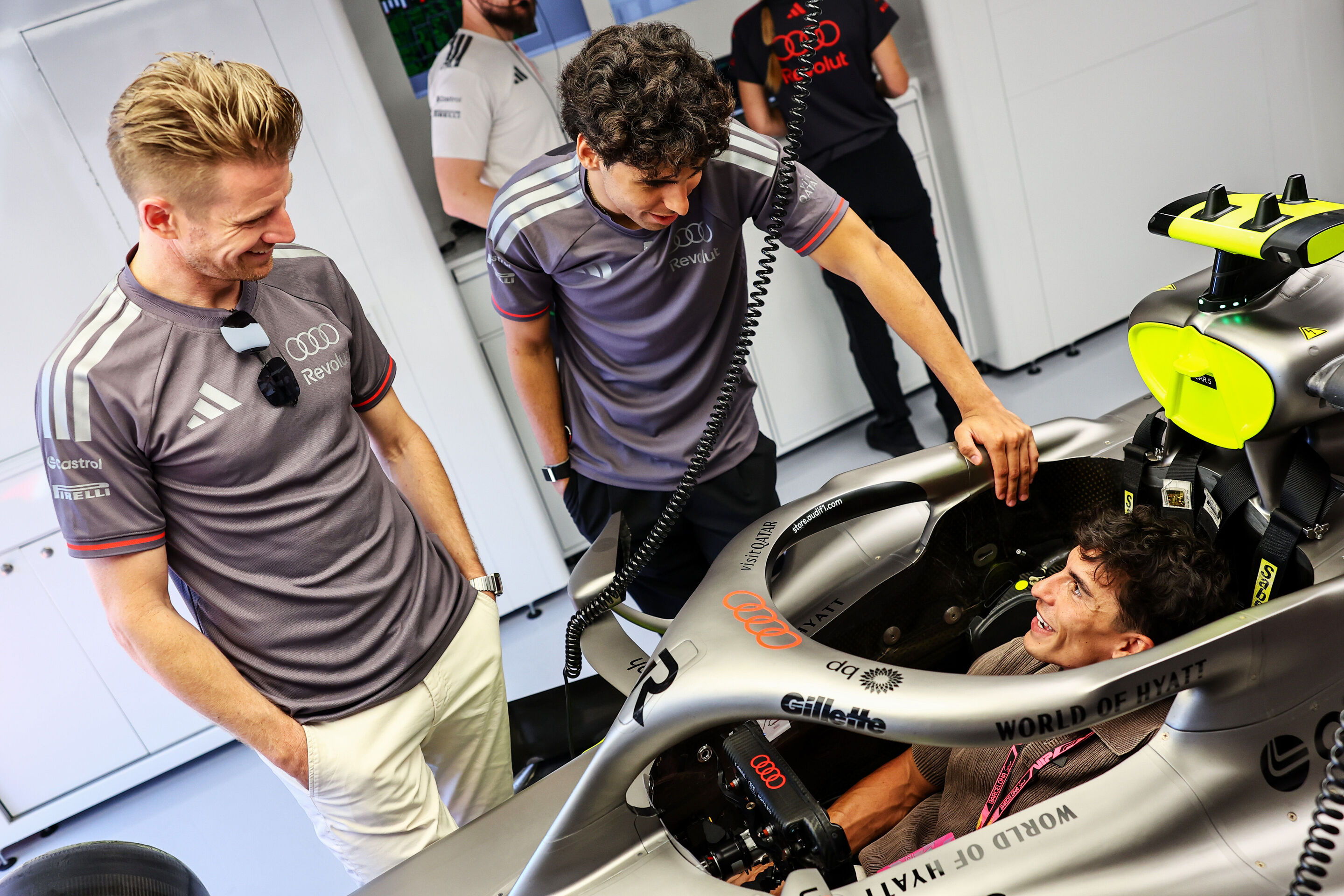 Audi Revolut F1 Team: Barcelona Grand Prix - Ducati factory driver Marc Marquez visits Audi Revolut F1 Team. With Gabriel Bortoleto and Nico Hulkenberg.