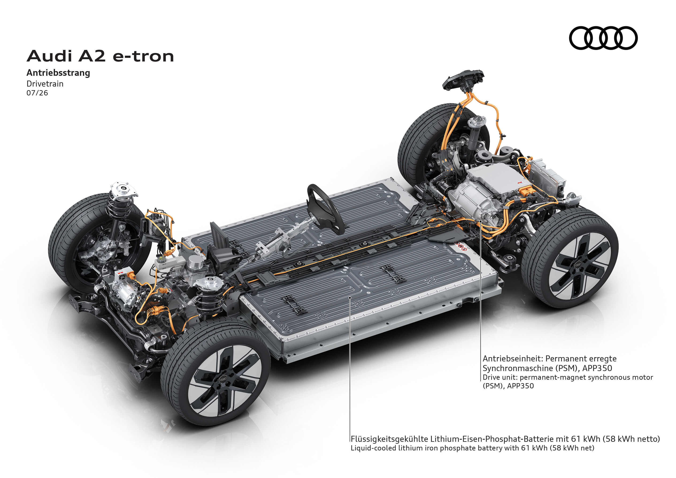 Illustration - Audi A2 e-tron - drivetrain - The illustration shows the layout of the drivetrain in the Audi A2 e-tron with the APP 350 drive unit and the 61 kWh battery.