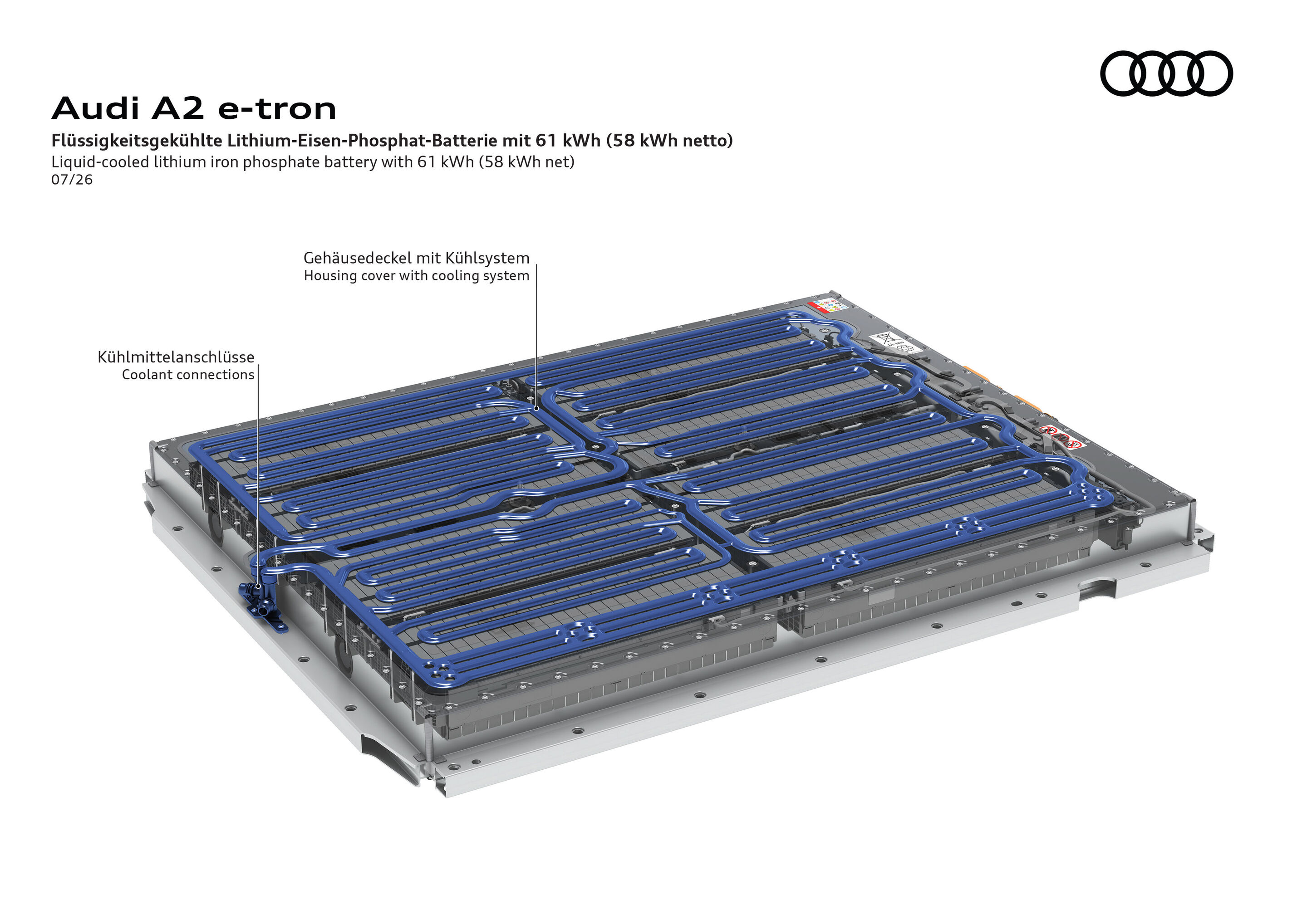 Illustration - Audi A2 e-tron - Flüssigkeitsgekühlte Lithium-Eisen-Phosphat-Batterie mit 61 kWh (58 kWh netto) - Die Abbildung zeigt die Kühlkanäle im Oberdeckel der 61-kWh-Hochvoltbatterie (58 kWh netto).