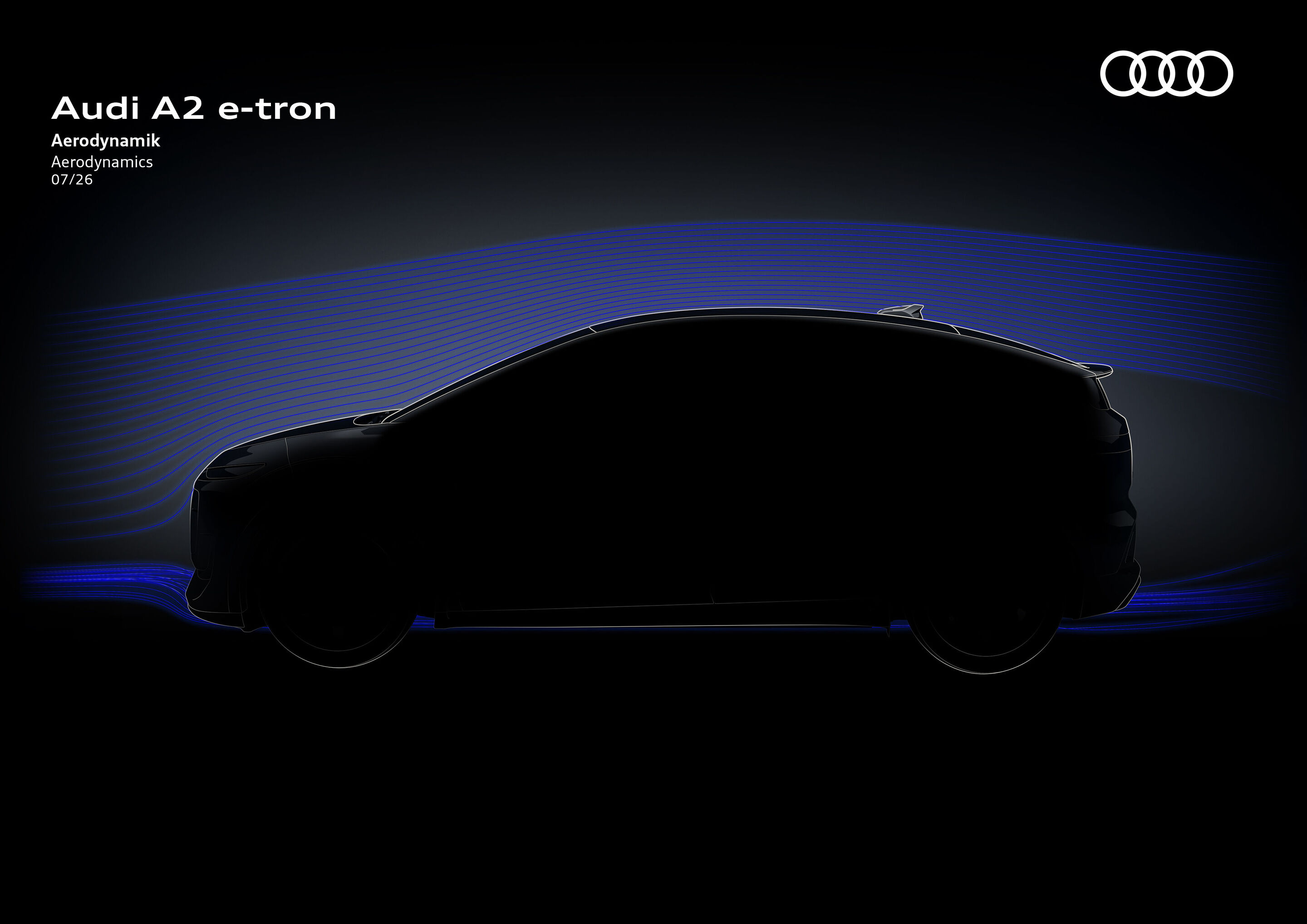 Illustration - Audi A2 e-tron- Aerodynamik - Die Abbildung zeigt die Silhouette des Audi A2 e-tron sowie den Luftstrom über und unter dem Fahrzeug.