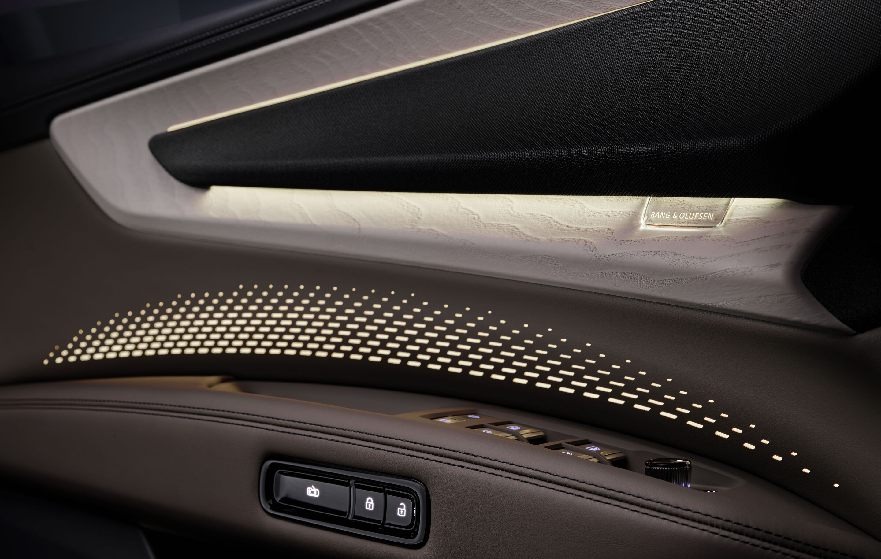 Audi Q9 SUV - Studio photo, interior, detailed view of door panel and Bang & Olufsen sound system