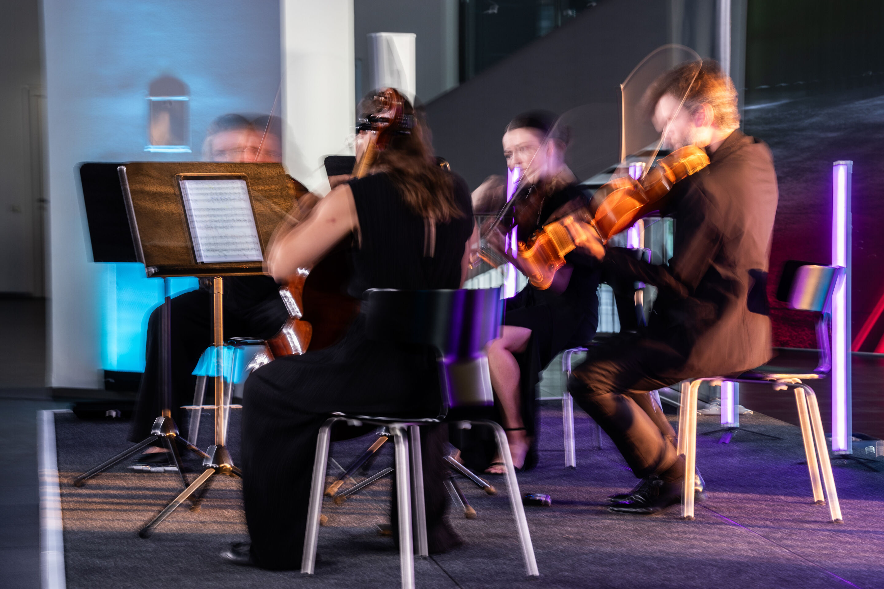 Audi Summer concert: Barbican Quartet at Audi museum mobile - The four members of the Barbican Quartet perform on stage at the museum mobile of the Audi Forum Ingolstadt.