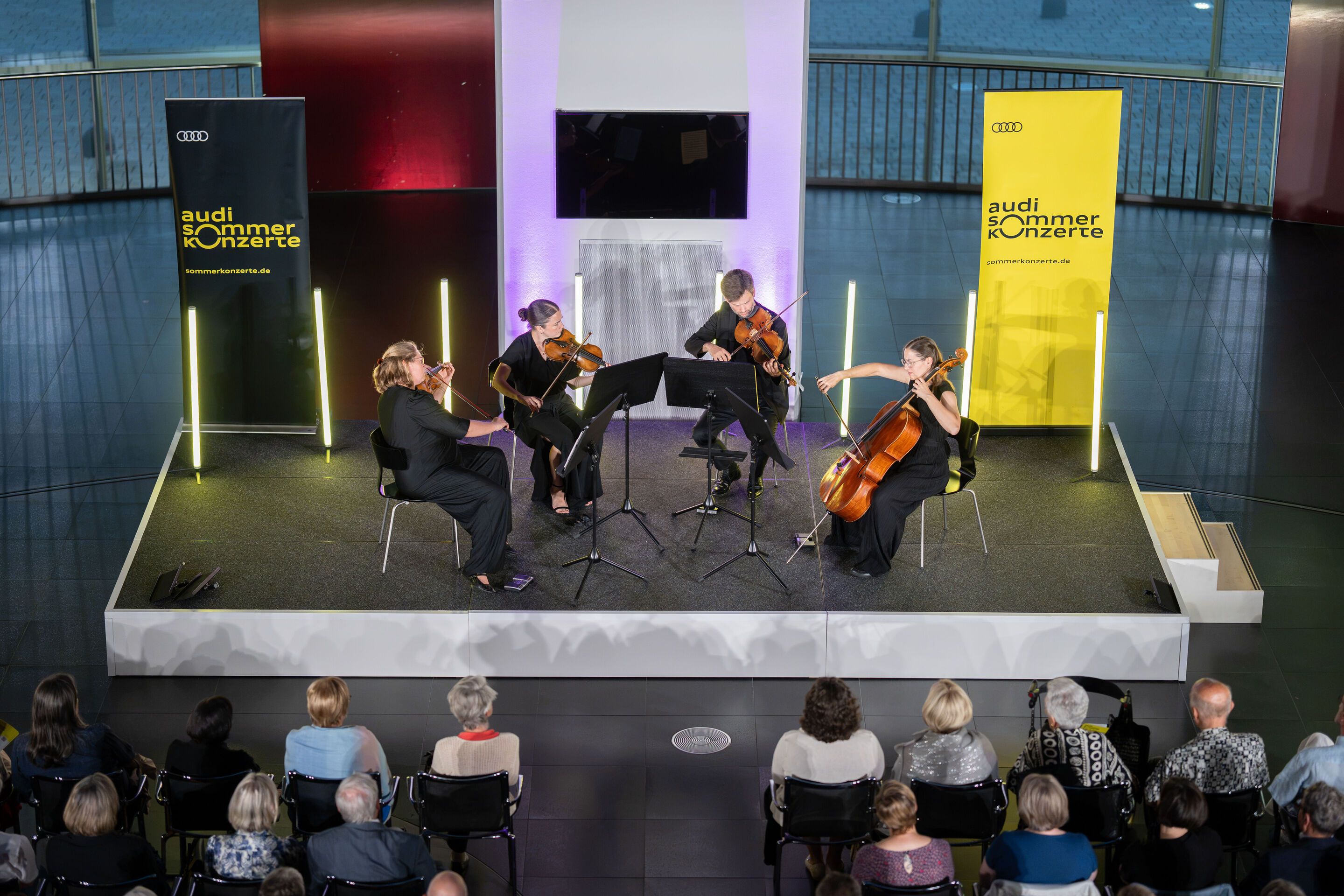 Audi Summer concert: Barbican Quartet at Audi museum mobile - View from an elevated position of the Barbican Quartet at the museum mobile of the Audi Forum Ingolstadt.