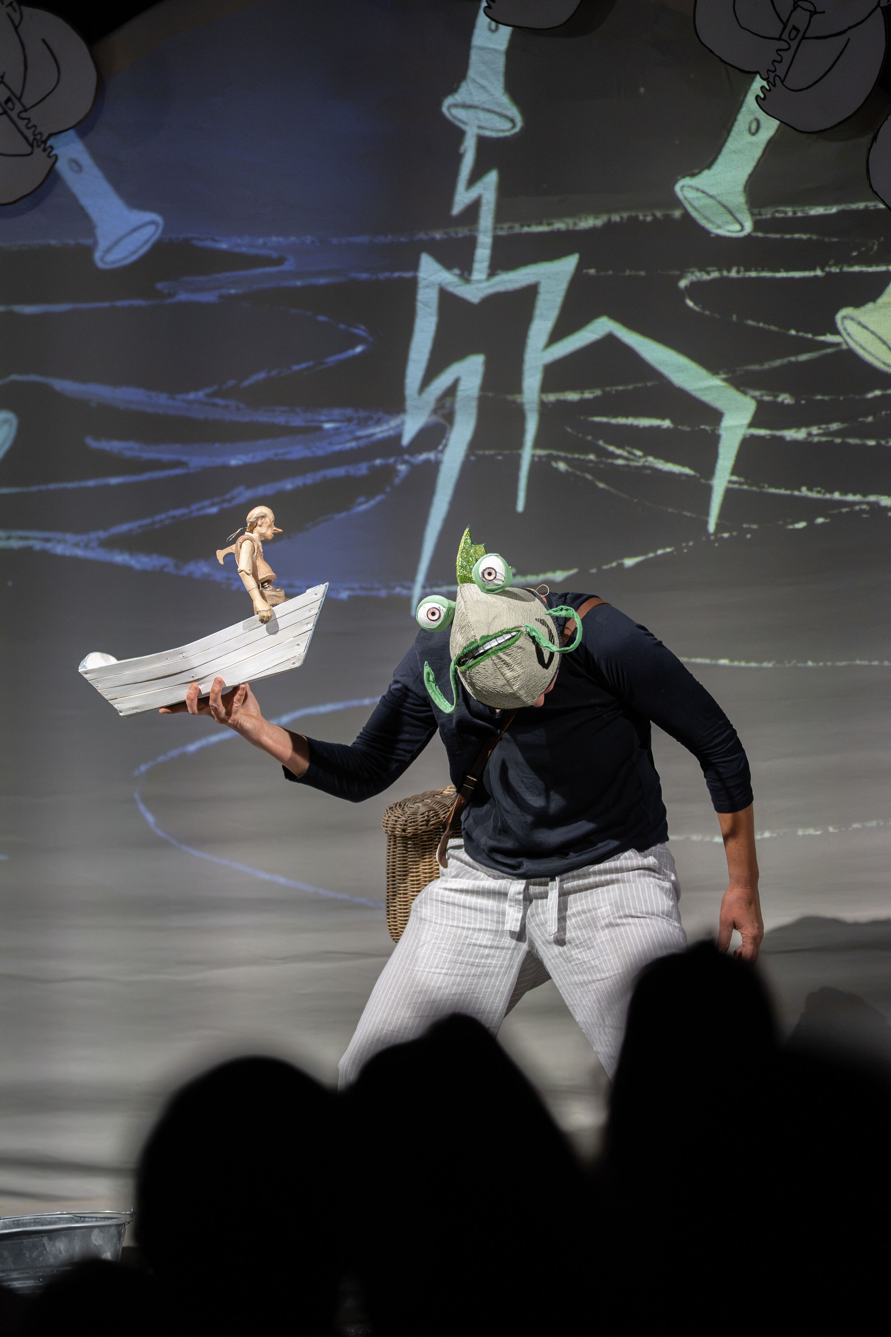 Audi Sommerkonzerte 2026 – Puppentheater „Der Fischer und seine Frau“ - Blick aus dem Publikum auf die Aufführung „Der Fischer und seine Frau“ im museum mobile des Audi Forum Ingolstadt. Annika Pilstl trägt eine Fischmaske und hält die Holzfigur des Fischers...
