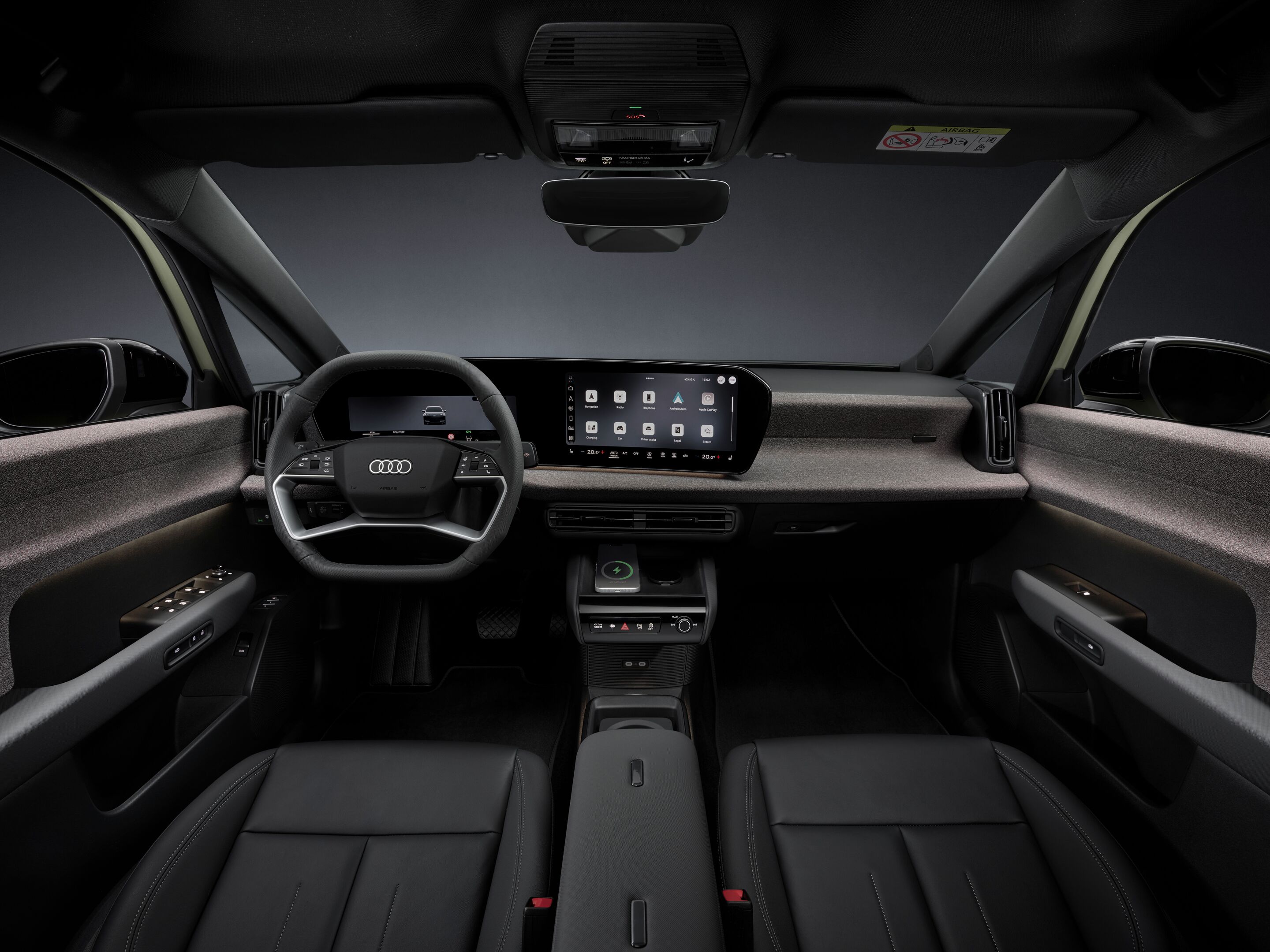 Audi A2 e-tron - Studioaufnahme, Interieur, Softwrap, Multifunktionslenkrad, MMI-Panoramadisplay, Touchdisplay im Curved Design, stoffbezogene Oberfläche Softwrap, Mittelarmlehne mit modularem Fidlock-Befestigungssystem und Telefonablage mit induktiver...