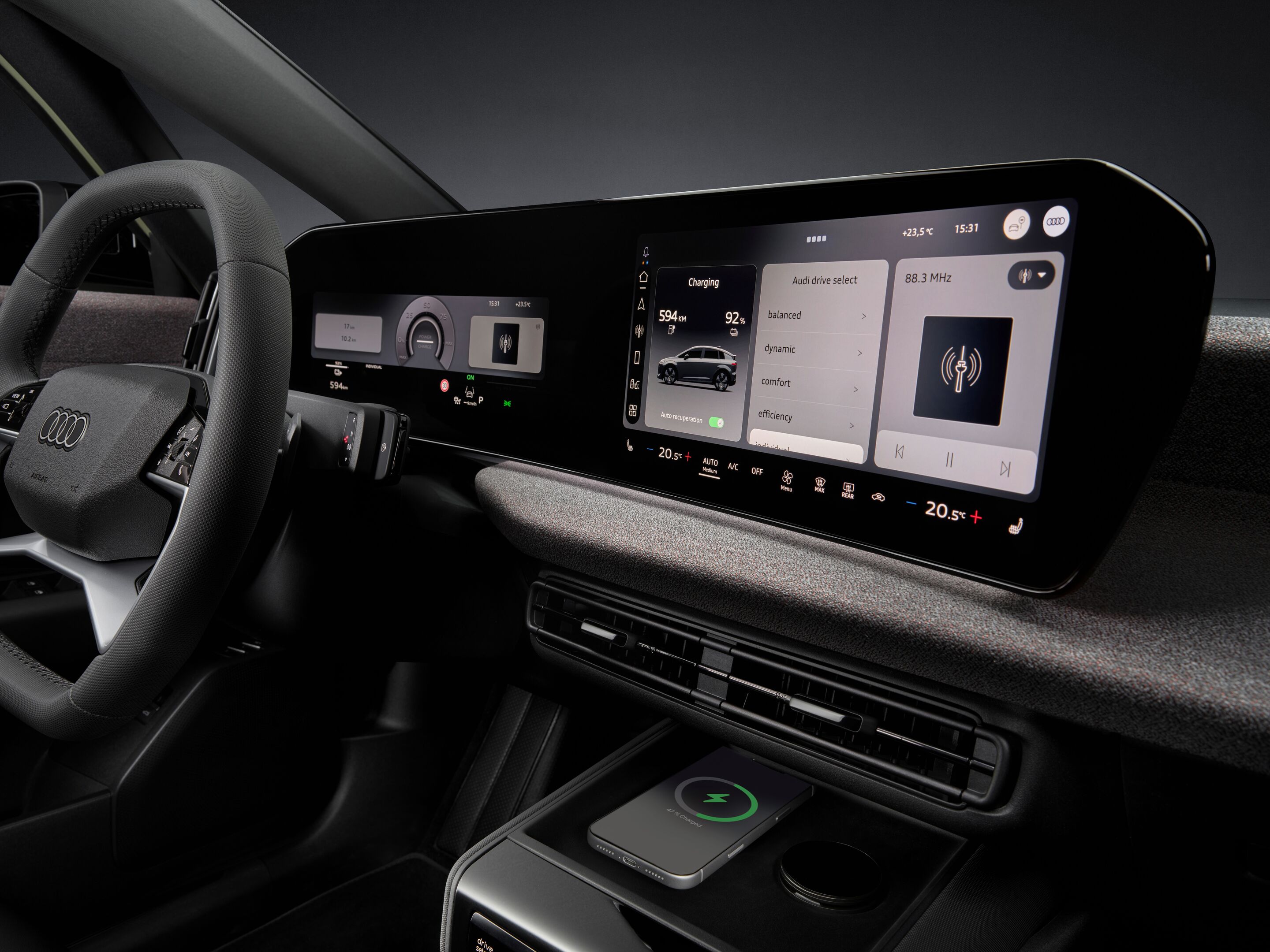 Audi A2 e-tron - Studio static photo, interior, cockpit, phone tray with inductive charging capability