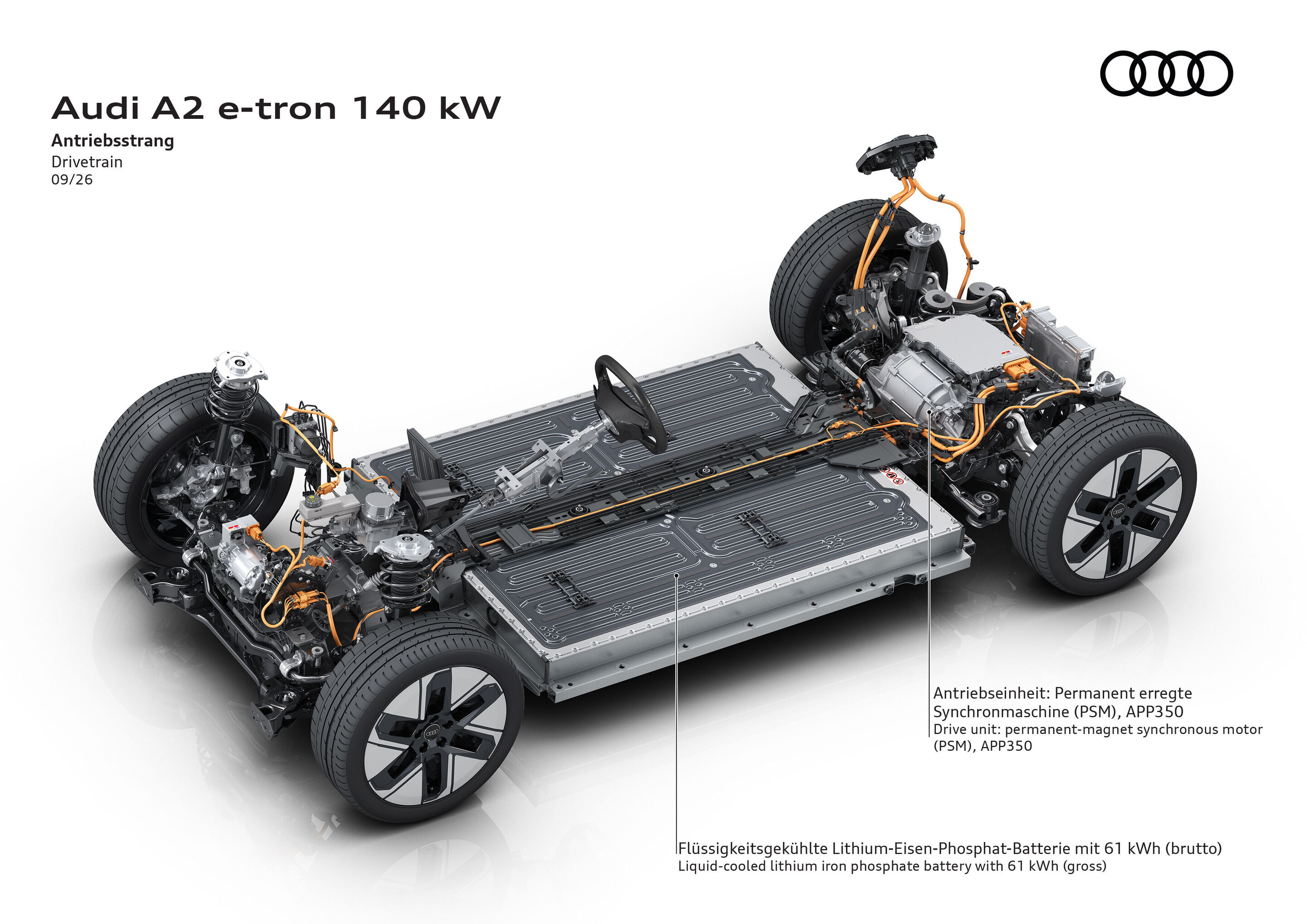 Illustration - Audi A2 e-tron drivetrain with 140 kW output - Featuring a permanent-magnet synchronous motor (PSM) and a liquid-cooled lithium iron phosphate battery with 61 kWh (gross).