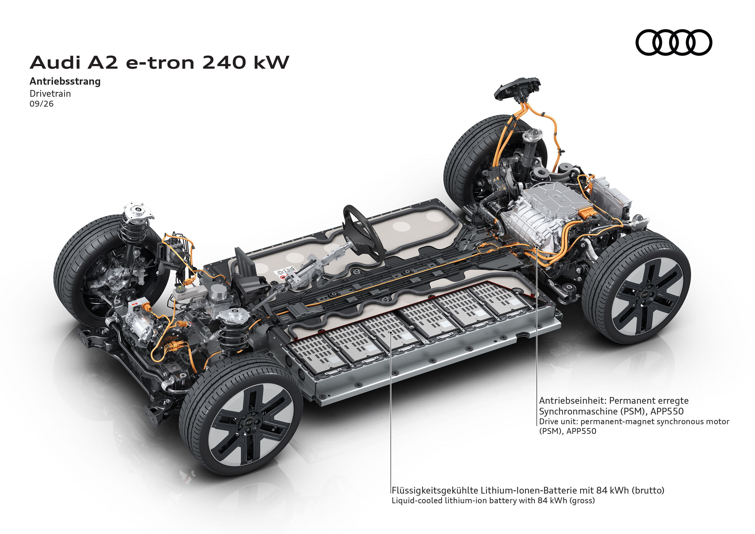 Illustration - Audi A2 e-tron drivetrain with 240 kW output - Electric vehicle underbody featuring a liquid-cooled lithium-ion battery (84 kWh gross) and a permanent-magnet synchronous motor (PSM).