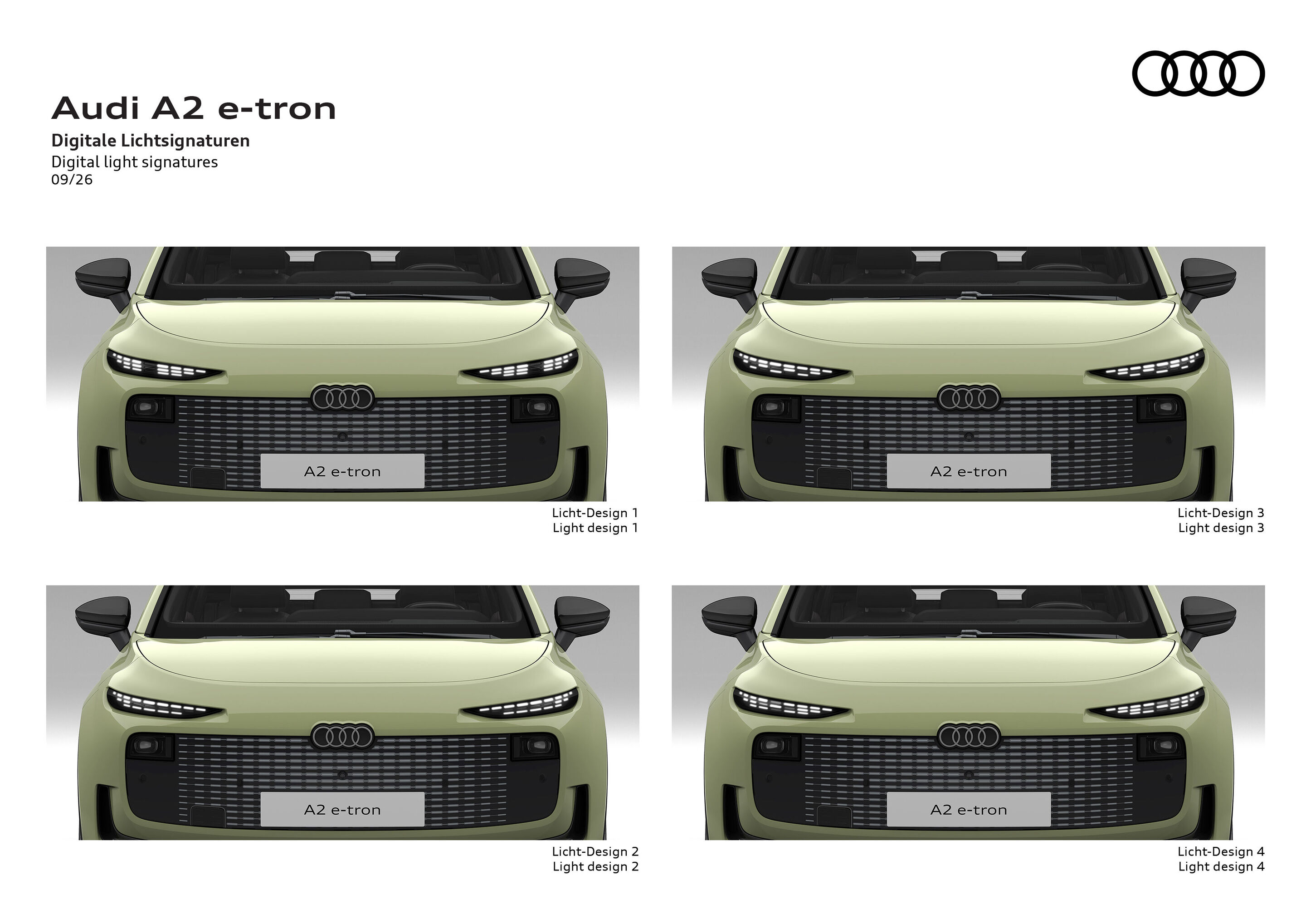 Illustration - Audi A2 e-tron - Farbe: Pistaziengrün, Exterieur-, Frontansicht mit vier auswählbaren digitalen Lichtsignaturen der Frontleuchten
