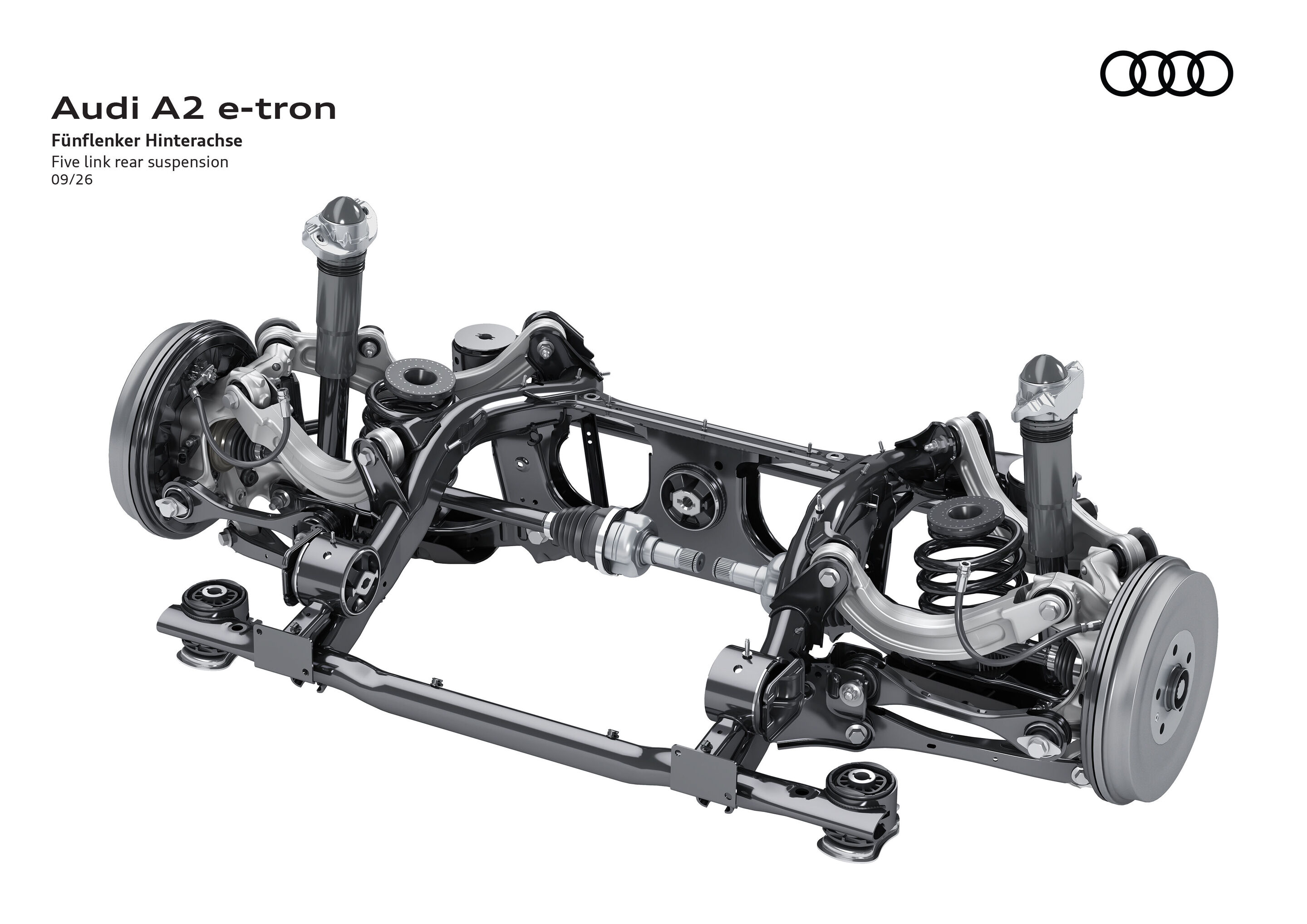 Illustration - Audi A2 e-tron - Fünflenker-Hinterachse mit integrierter Antriebseinheit, Feder-Dämpfer-System und Radaufhängungen