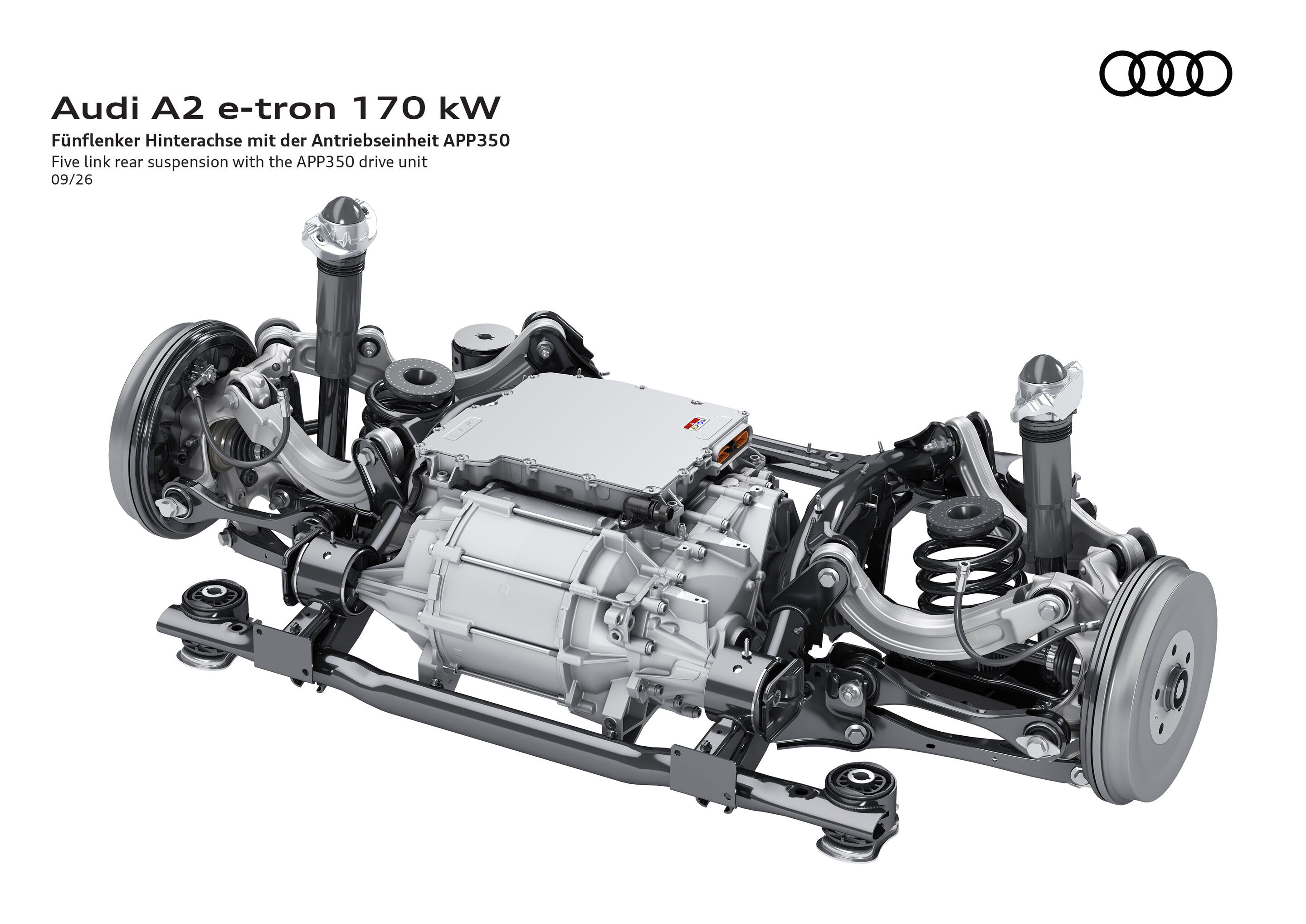 Illustration - Audi A2 e-tron - Fünflenker-Hinterachse mit integrierter Antriebseinheit, Radaufhängungen, Federn, Dämpfern und weiteren Fahrwerkskomponenten