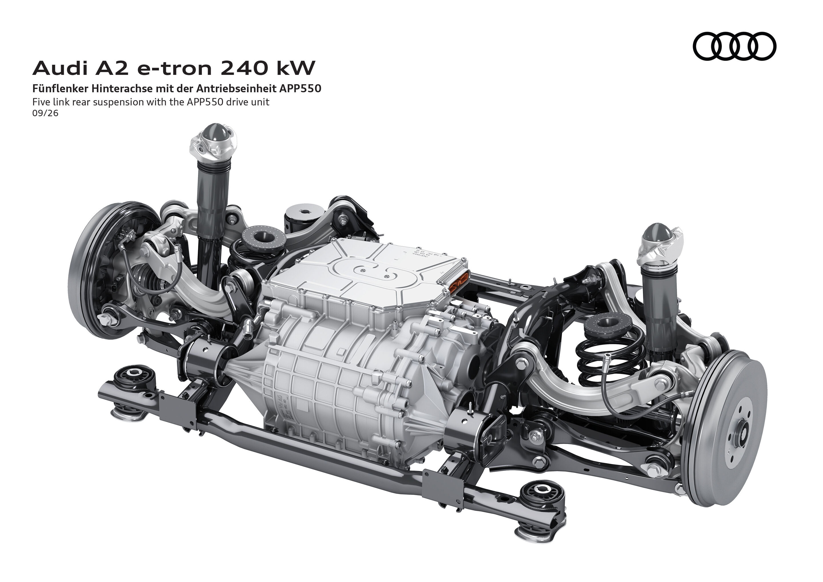 Illustration - Audi A2 e-tron - Fünflenker-Hinterachse mit integrierter Antriebseinheit, Radaufhängungen, Federn, Dämpfern und weiteren Fahrwerkskomponenten