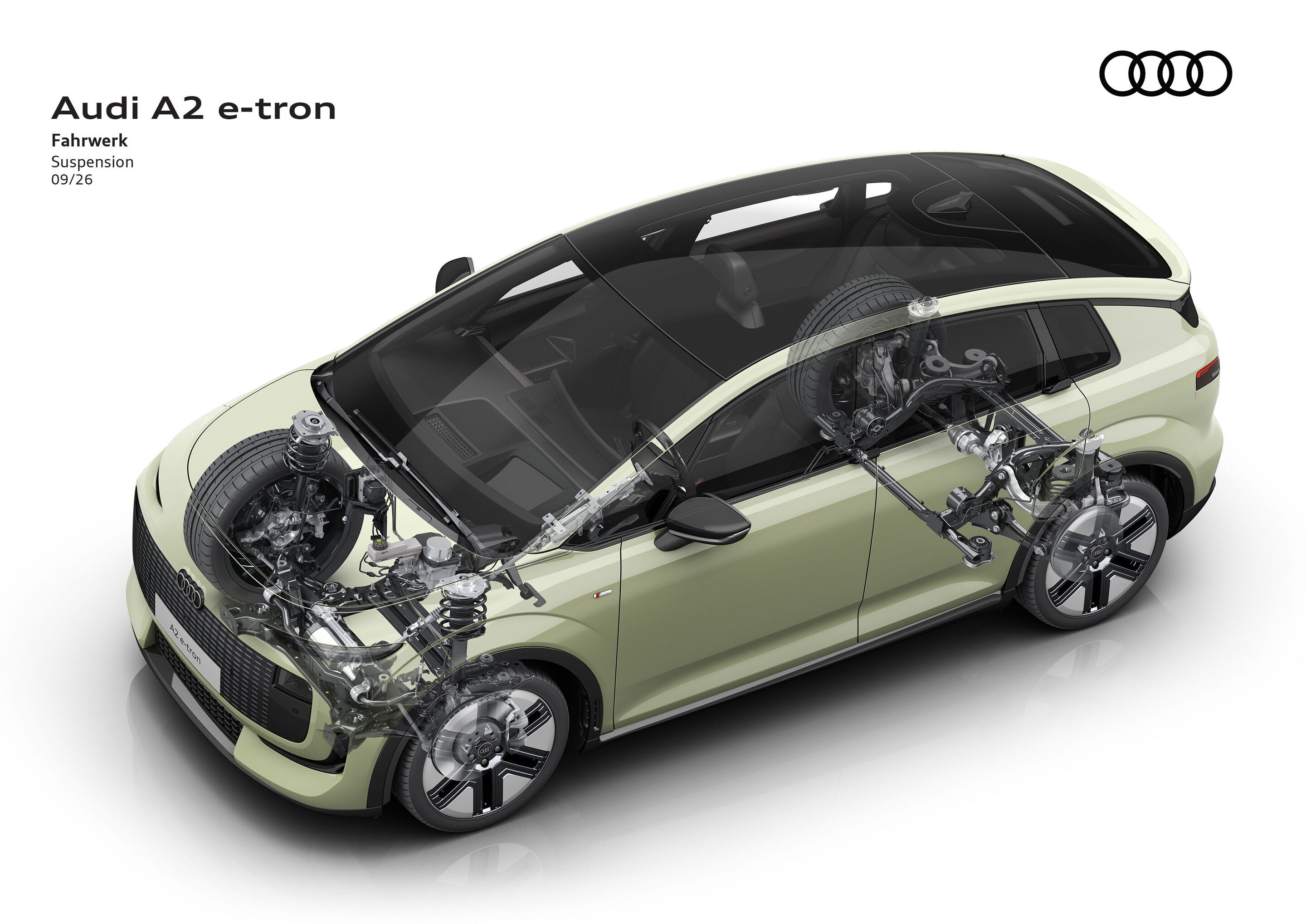 Illustration - Audi A2 e-tron - Farbe: Pistaziengrün, Exterieur in Dreiviertelfrontansicht mit transparent dargestelltem Fahrzeugaufbau und visualisiertem Fahrwerk