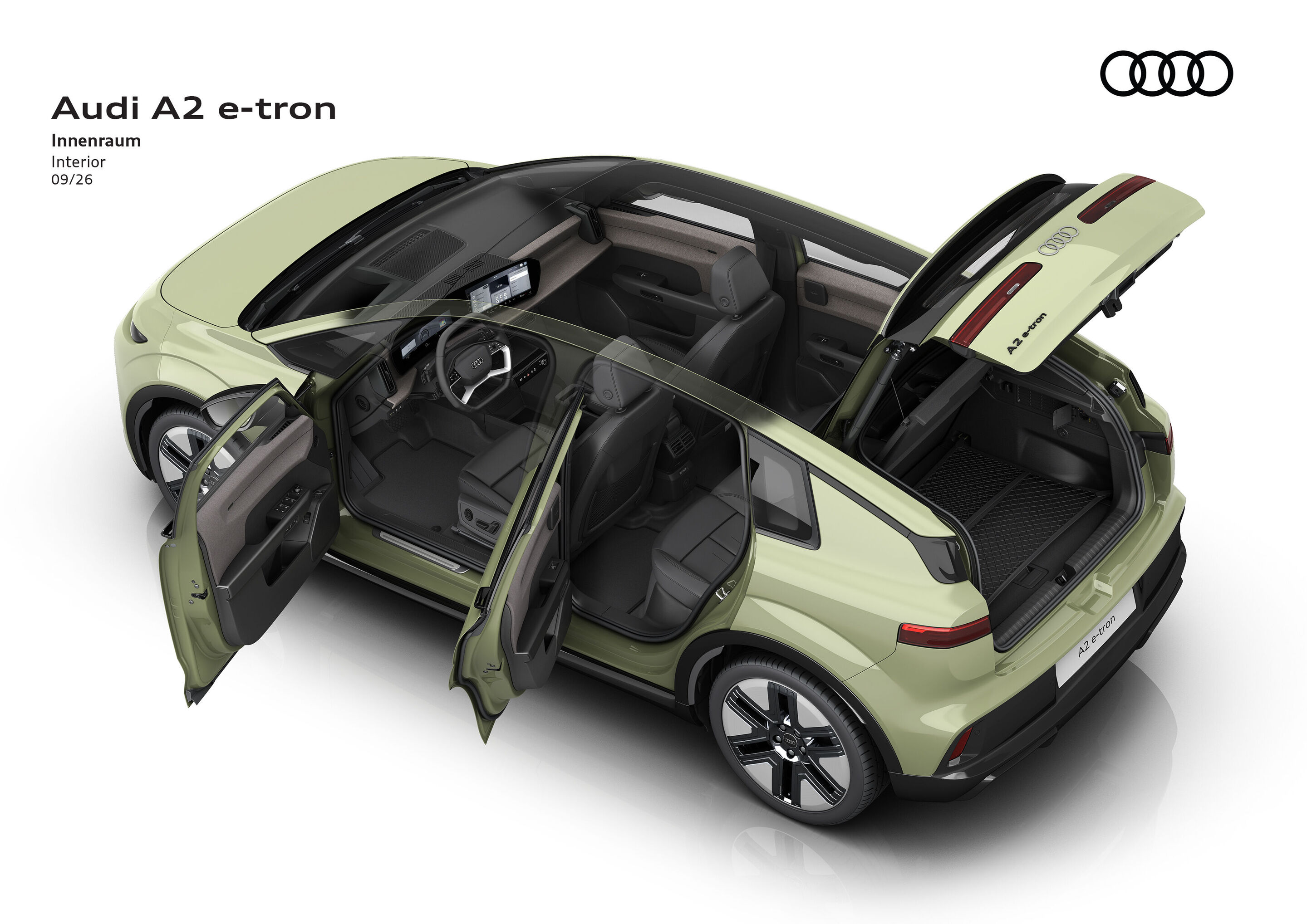 Illustration - Audi A2 e-tron - Farbe: Pistaziengrün, Interieur mit geöffneten Türen und geöffneter Heckklappe, Blick auf Lenkrad, Displaylandschaft, Sitzkonzept und Gepäckraum.