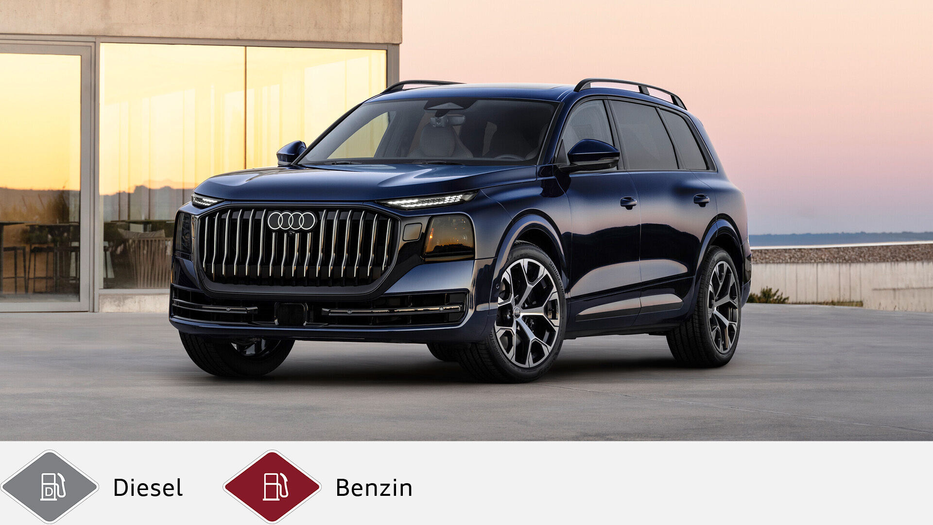 Audi Q9 SUV - Dunkelblauer Audi Q9 SUV vor einem Gebäude am Wasser; darunter Symbole und Beschriftungen für Diesel und Benzin.